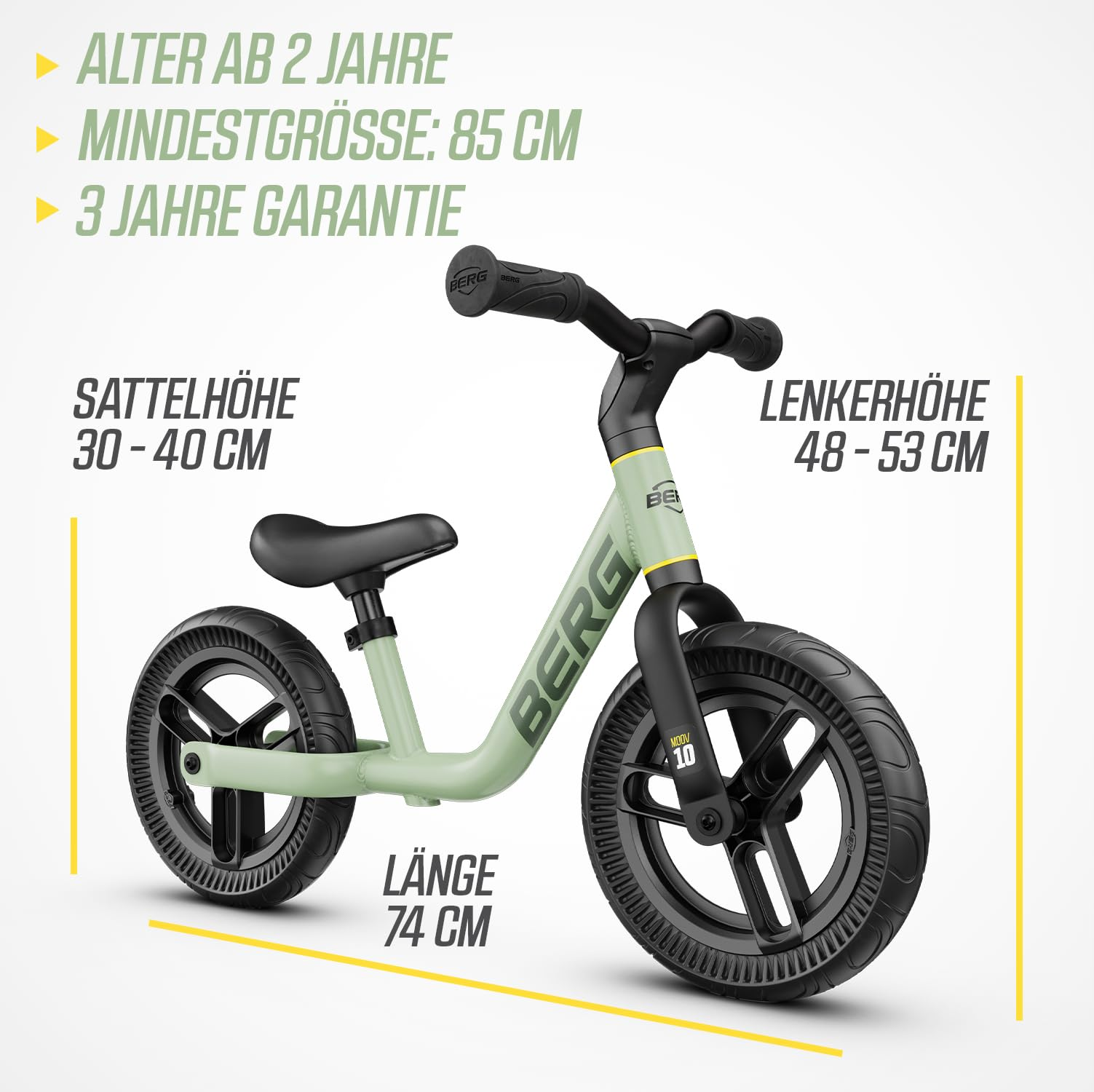 Bici senza pedali BERG verde con dimensioni e dettagli su sfondo bianco.
