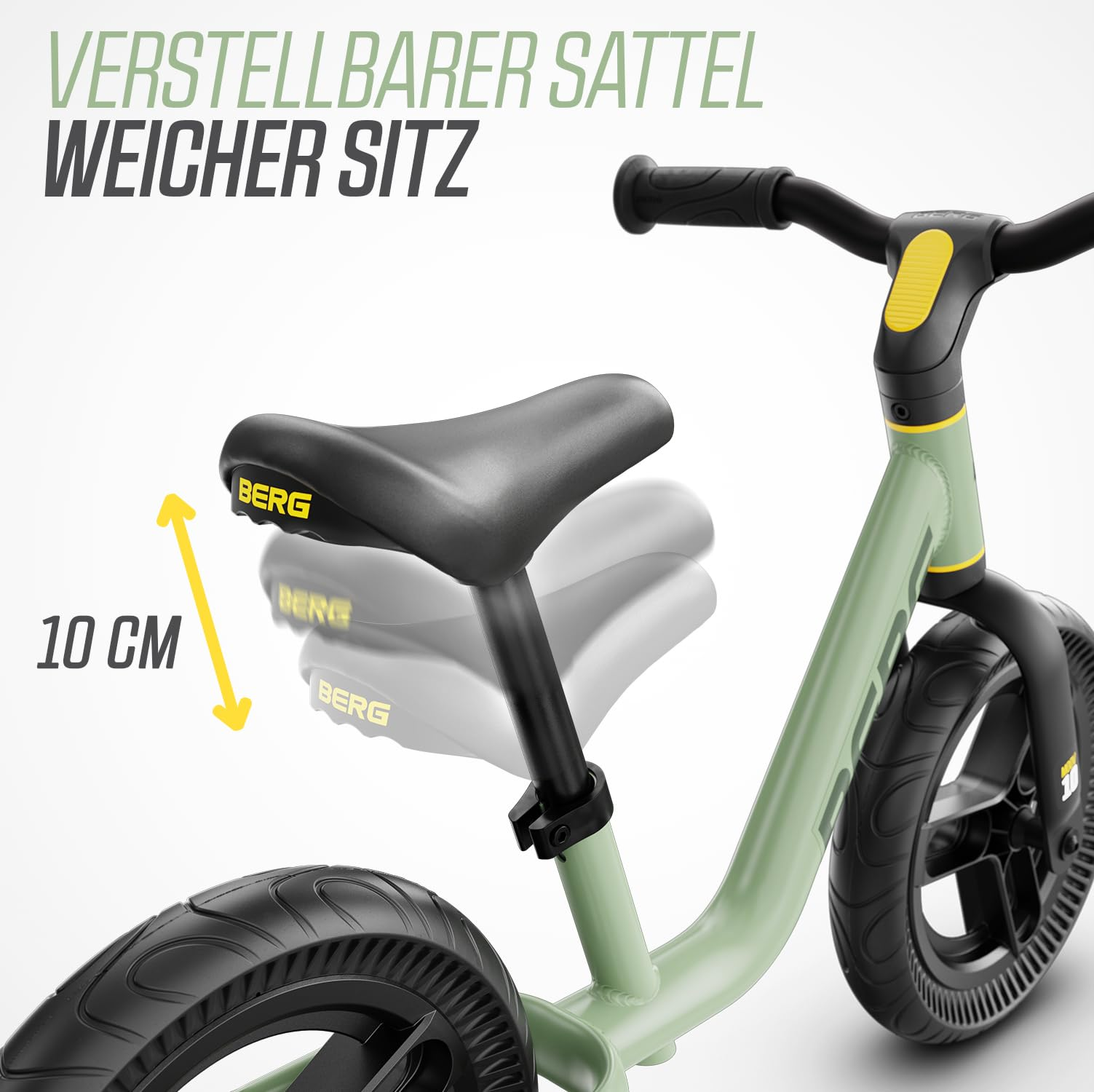 Una bicicletta senza pedali verde con una sella morbida e regolabile in altezza di 10 cm.
