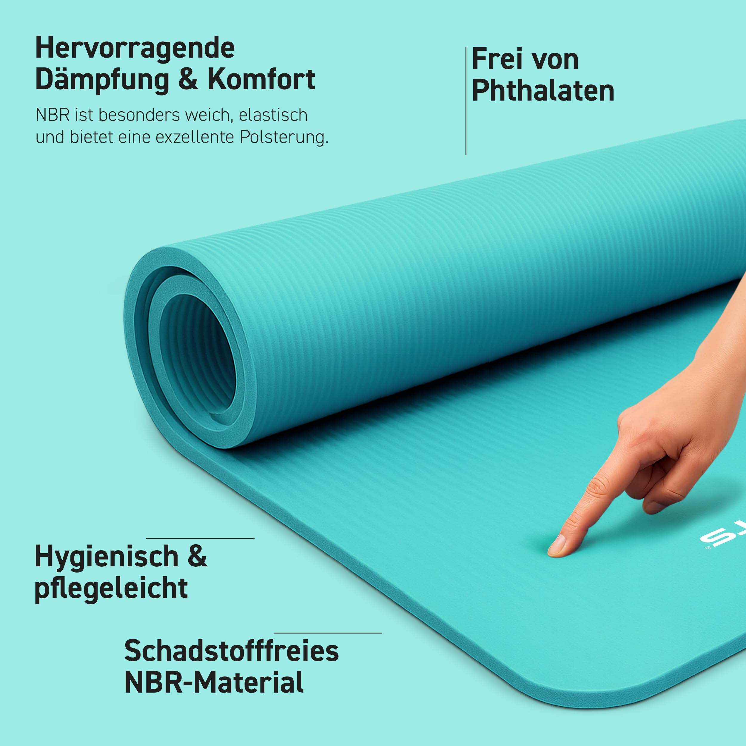 Eine Hand drückt auf eine türkise Yogamatte mit Texten auf einem türkisen Hintergrund.