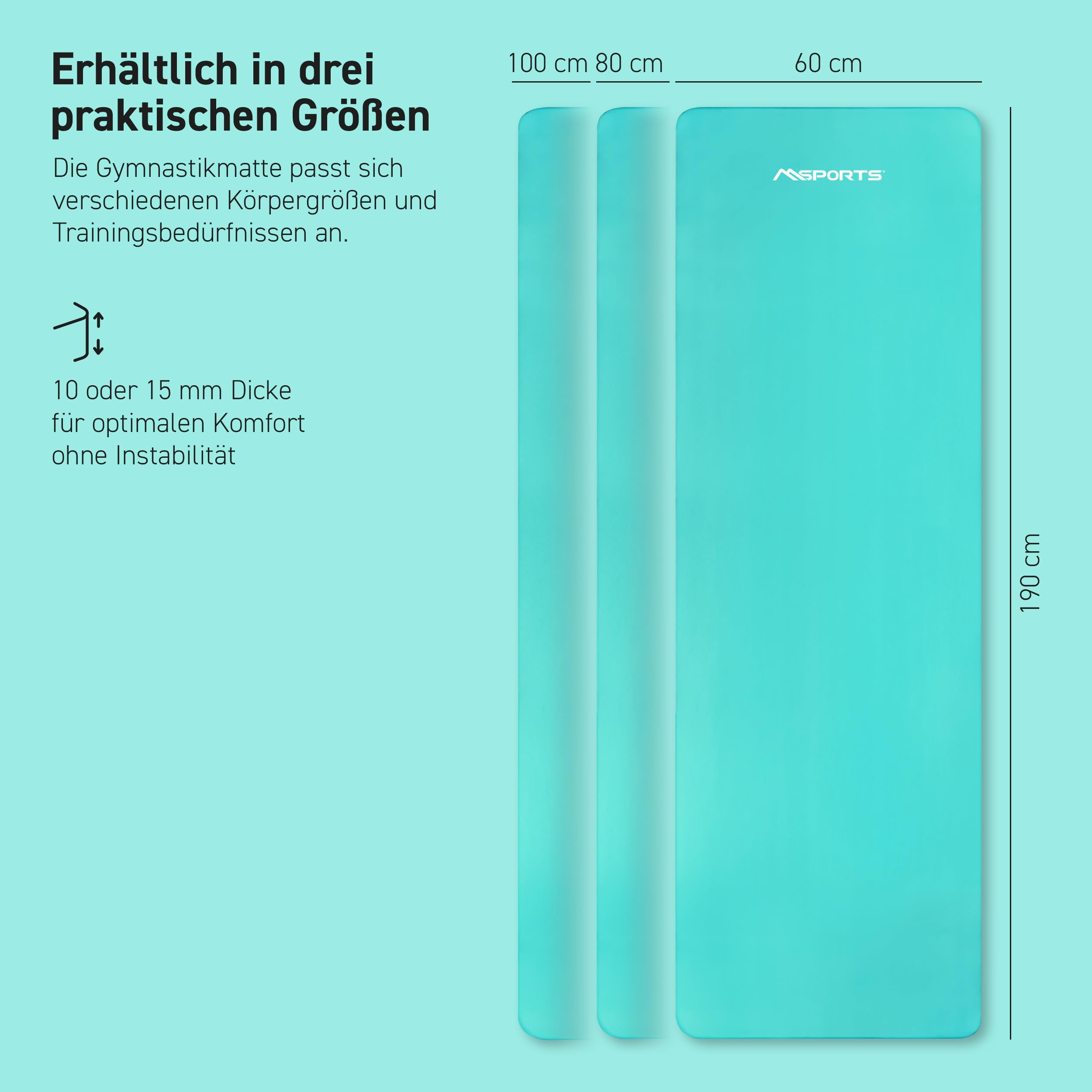 Drei türkisfarbene Gymnastikmatten in verschiedenen Größen mit Maßangaben und deutschem Text auf hellblauem Grund.