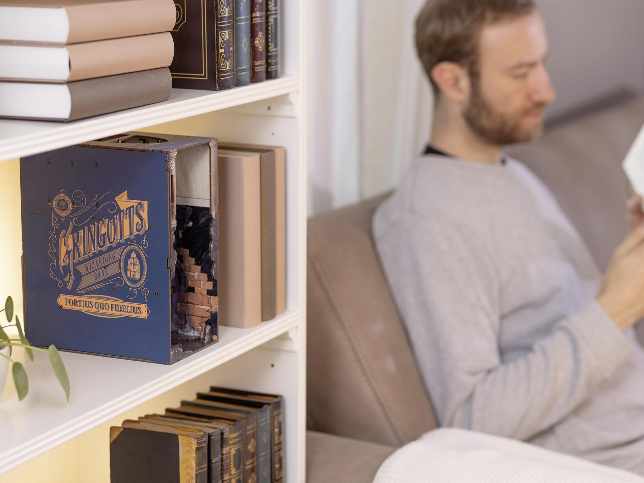 Ein Mann sitzt auf einer Couch und liest ein Buch, neben einem weißen Bücherregal mit einer Gringotts-Buchnische.