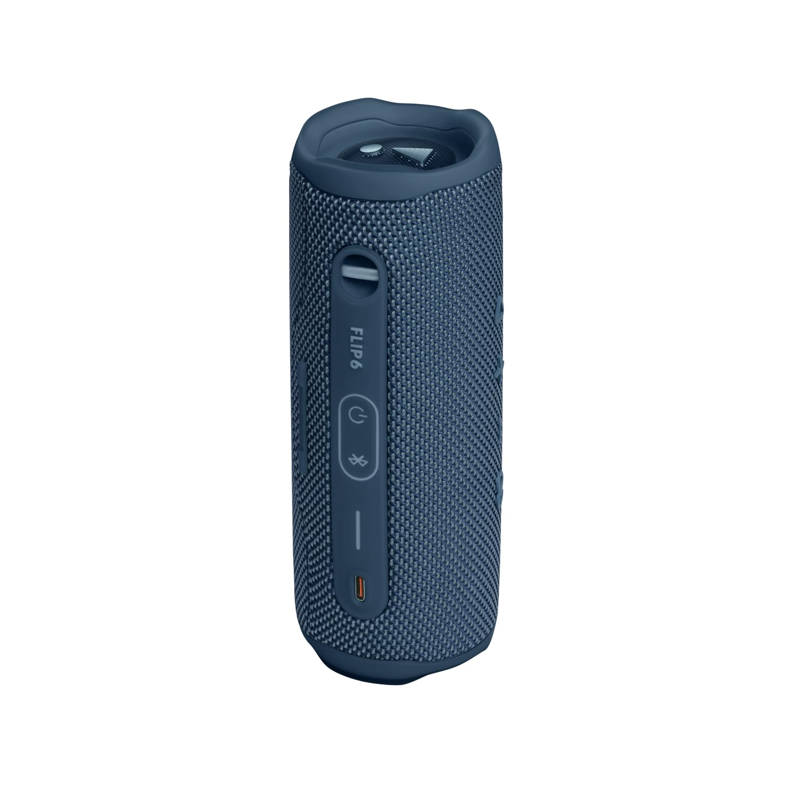 Ein blauer zylindrischer JBL Flip 6 Bluetooth-Lautsprecher vor weißem Hintergrund.
