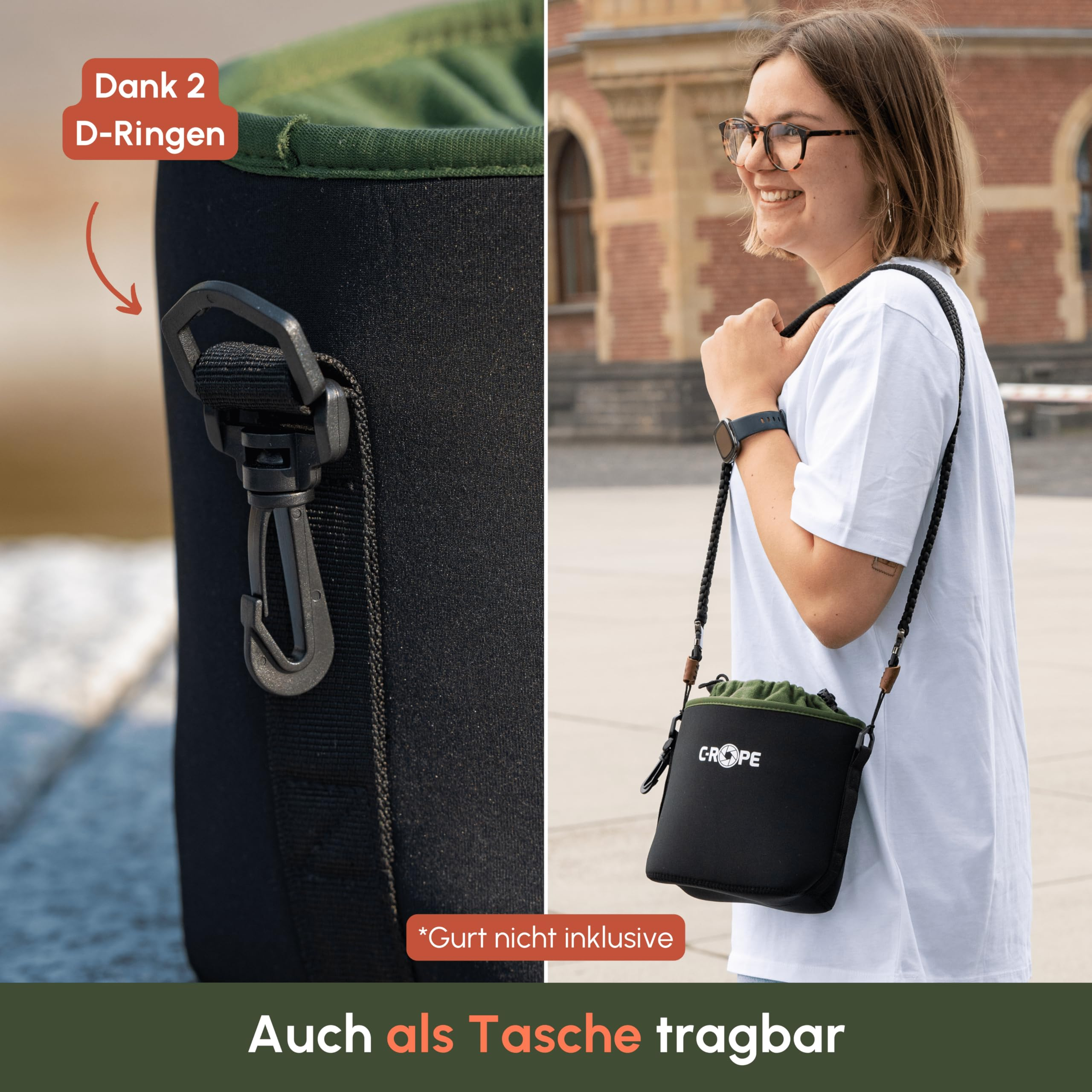 Eine lächelnde Frau in einem weißen Hemd trägt eine schwarz-grüne Umhängetasche im Freien.