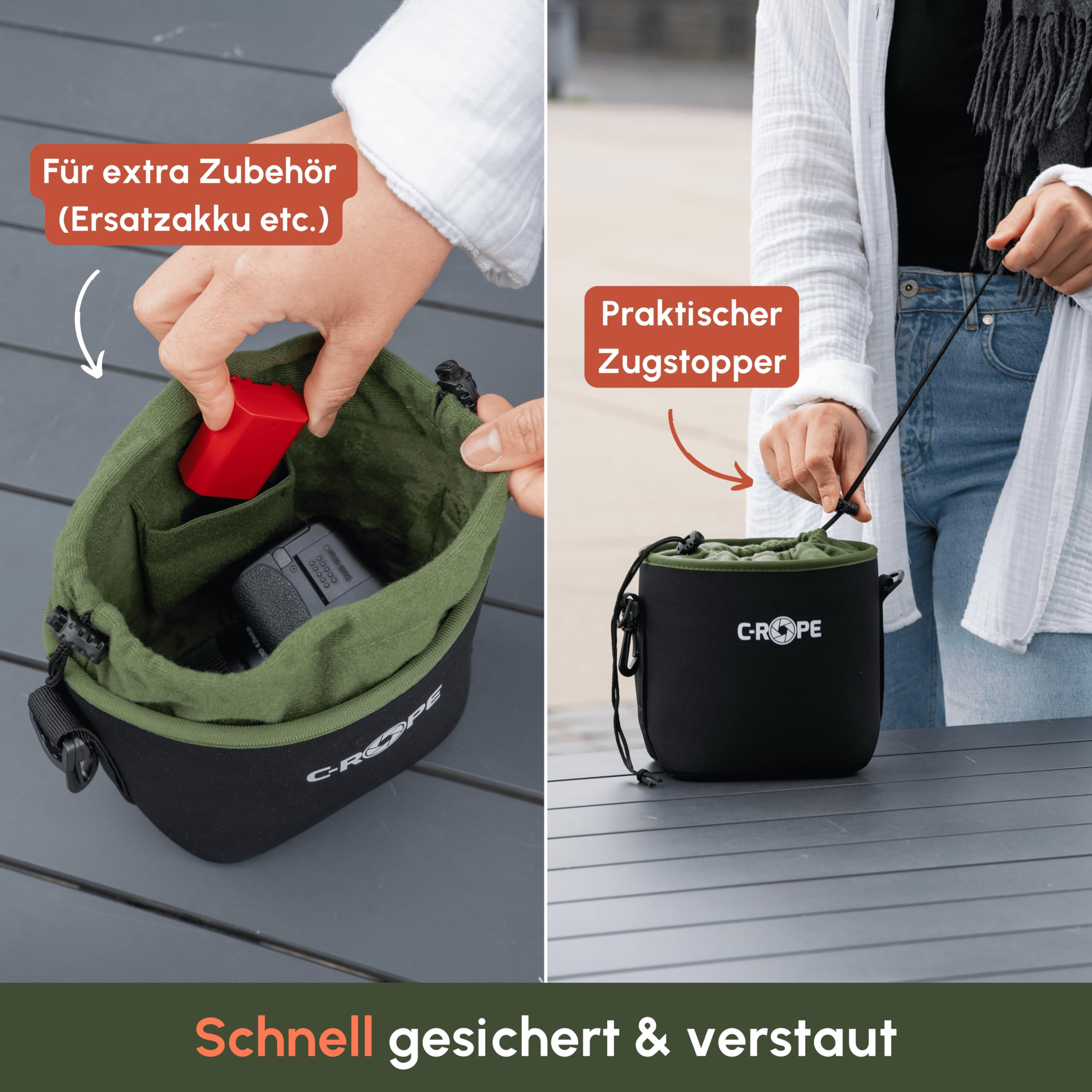 Eine Hand legt einen roten Akku in eine offene C-ROPE Kameratasche, rechts zieht jemand an der Kordel.