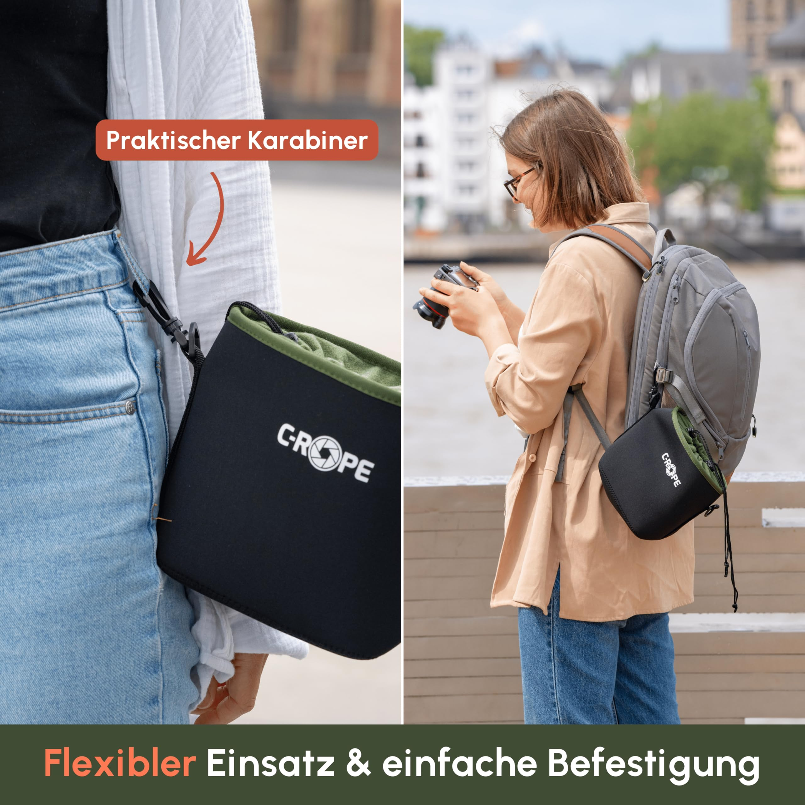 Eine Frau hält eine Kamera, während eine Crop-Tasche an ihrer Hose und Rucksack befestigt ist.