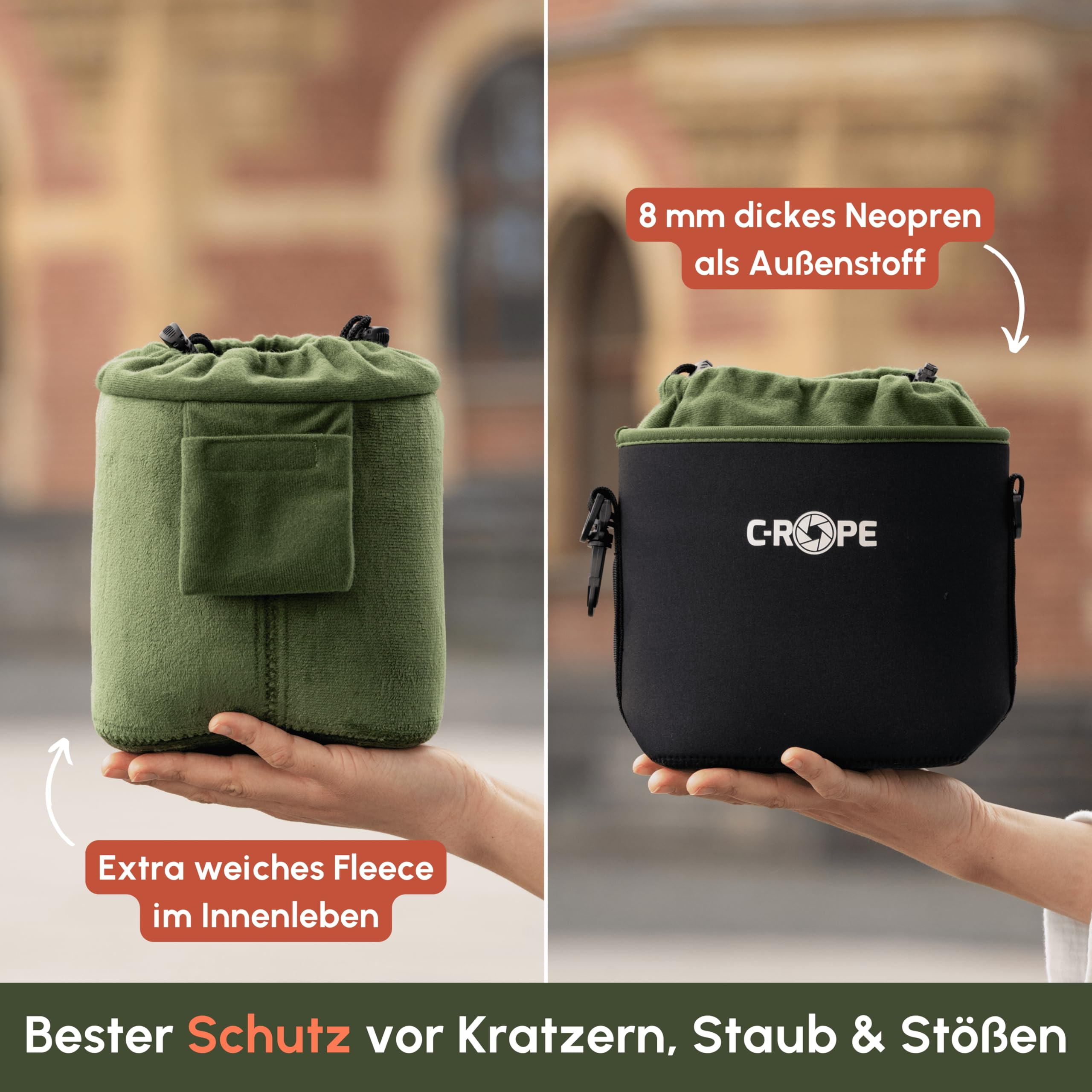 Grüne Tasche mit weichem Fleece innen und dicker Neopren-Außenseite für optimalen Schutz.