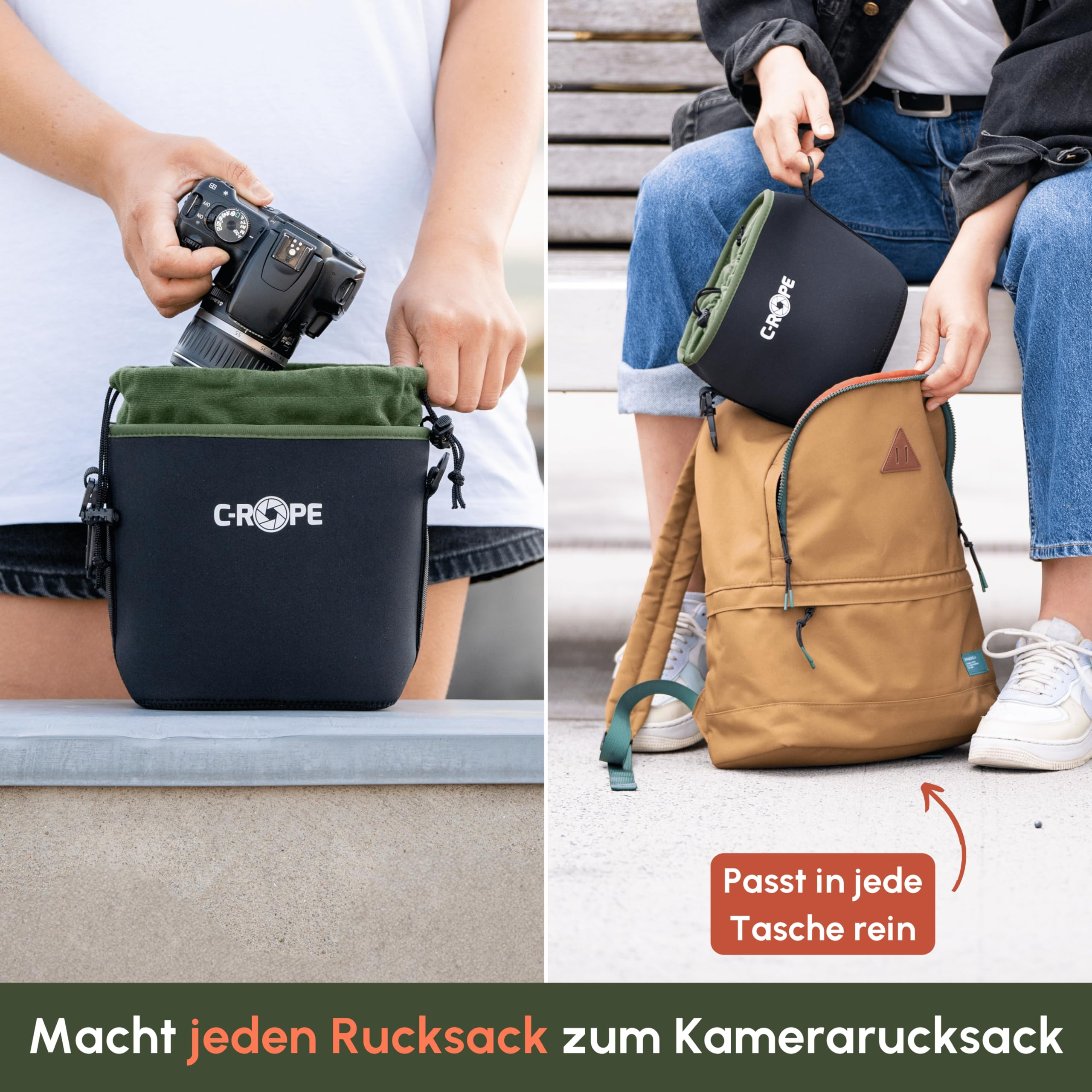 Person packt Kamera in eine C-ROPE Tasche, die auch in Rucksäcke passt.