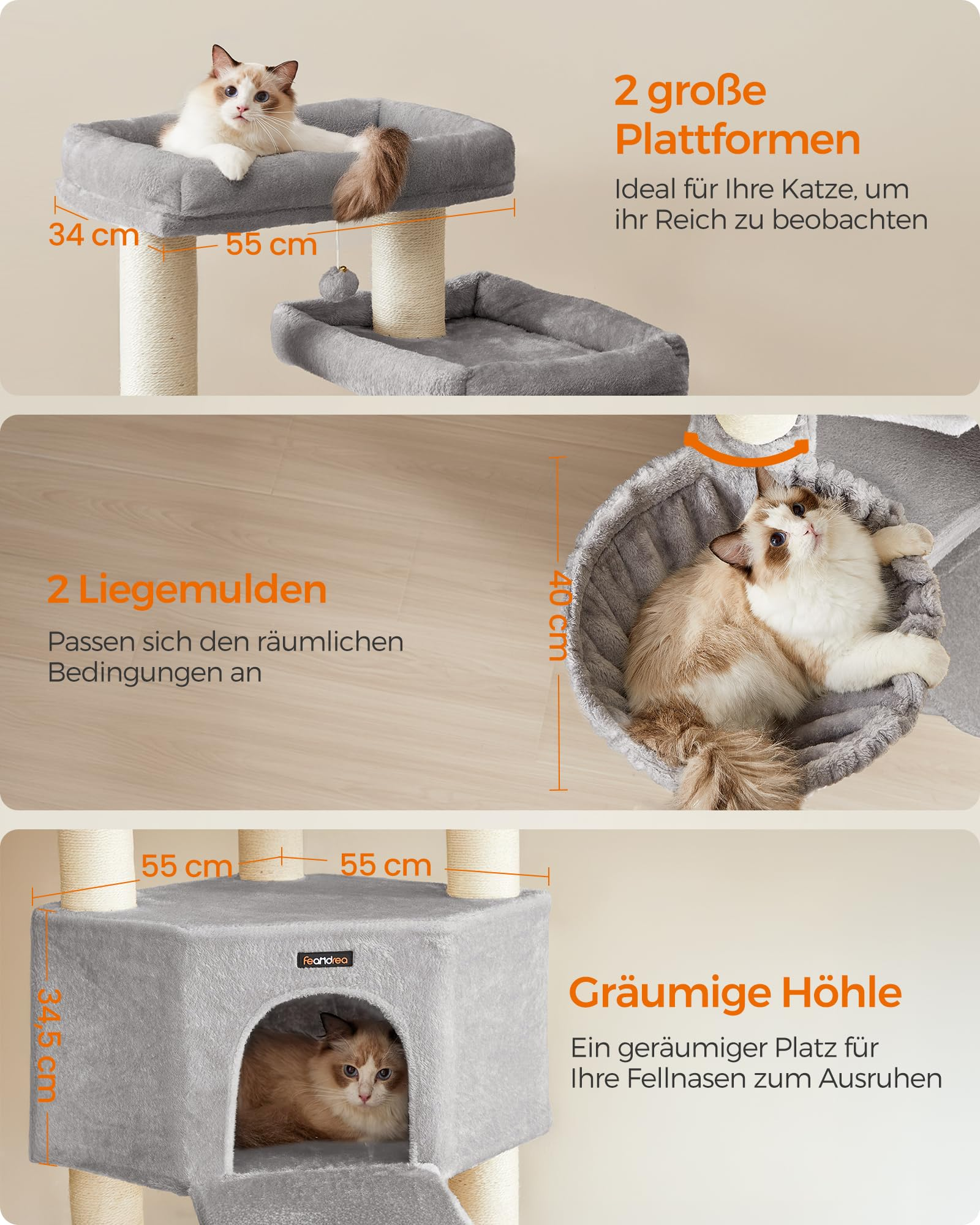 Un albero per gatti con due piattaforme, cucce e una grotta spaziosa.
