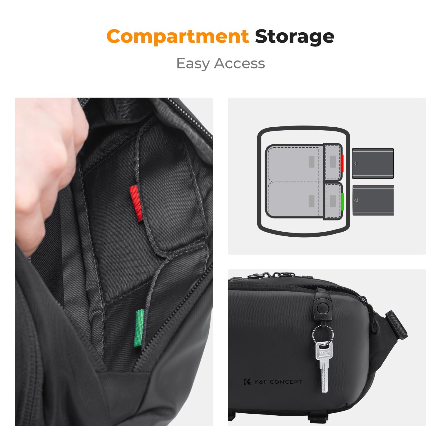 Fach für einfaches Verstauen mit abgetrennten Batterie- und Schlüsseltaschen in einer schwarzen Tasche.