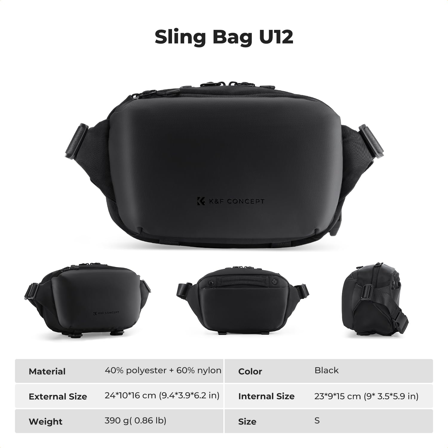 Produktanzeige einer schwarzen Sling Bag U12 mit Ansichten aus mehreren Winkeln, Spezifikationstabelle und Logo.