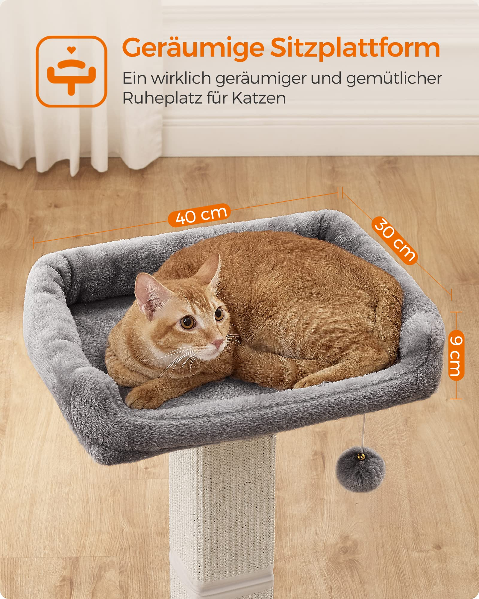 Un chat orange se repose sur une plateforme en peluche grise avec des dimensions affichées.