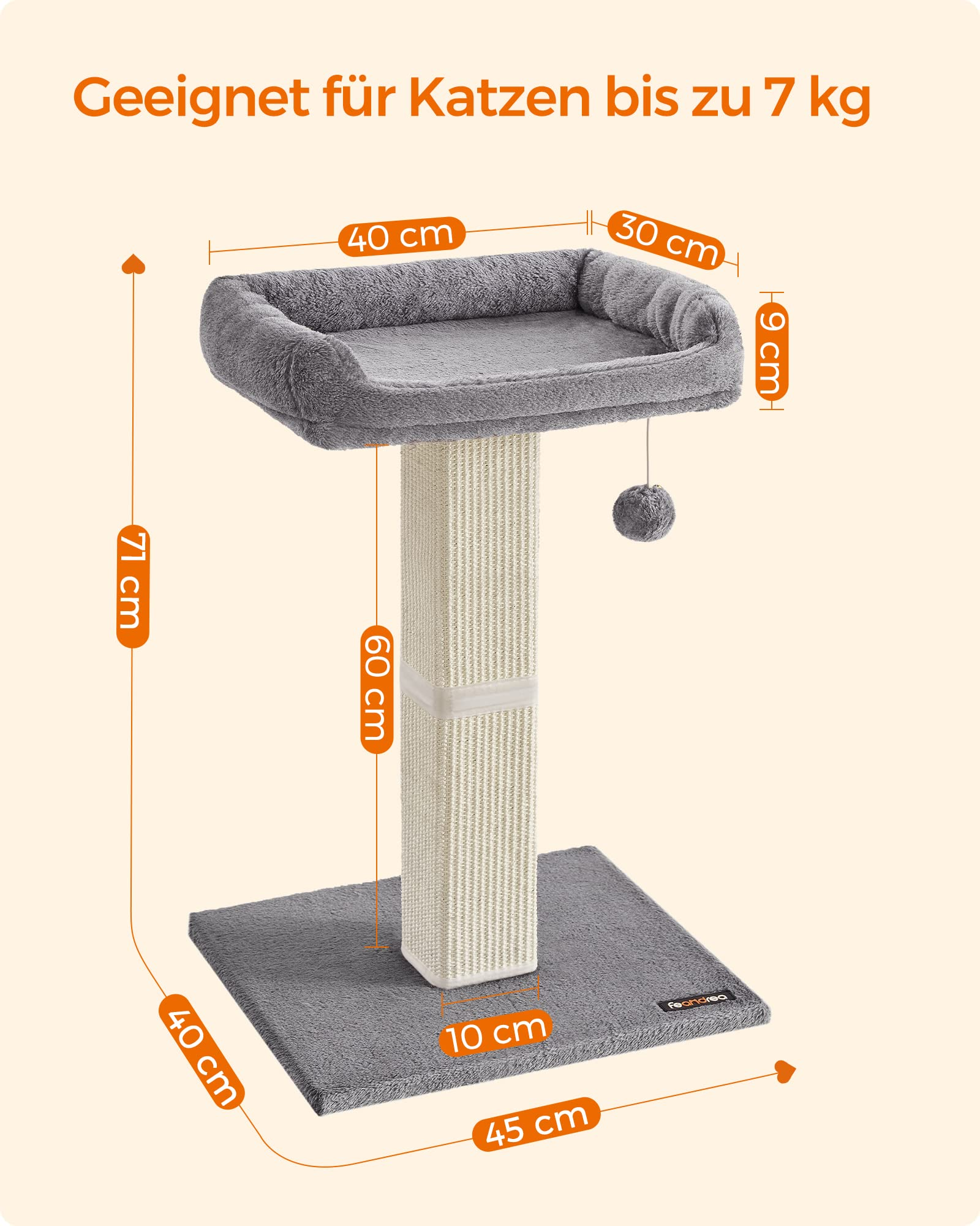 Arbre à chat gris avec un poteau griffoir et des dimensions en orange.