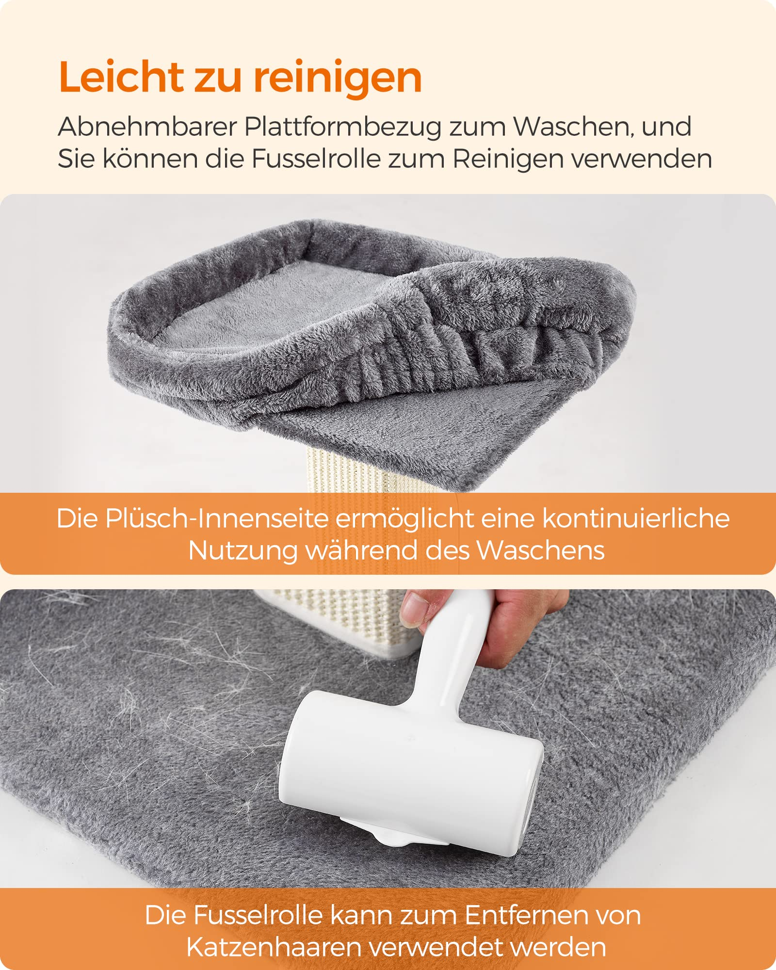 Housse de griffoir en peluche grise nettoyée avec un rouleau anti-peluches, texte expliquant le nettoyage.