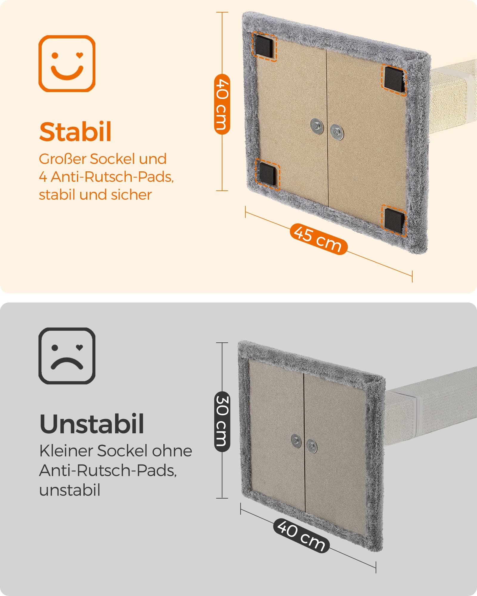 Comparaison de deux bases d'arbre à chat : une grande base de 45x40cm avec patins antidérapants (stable) et une de 40x30cm (instable).