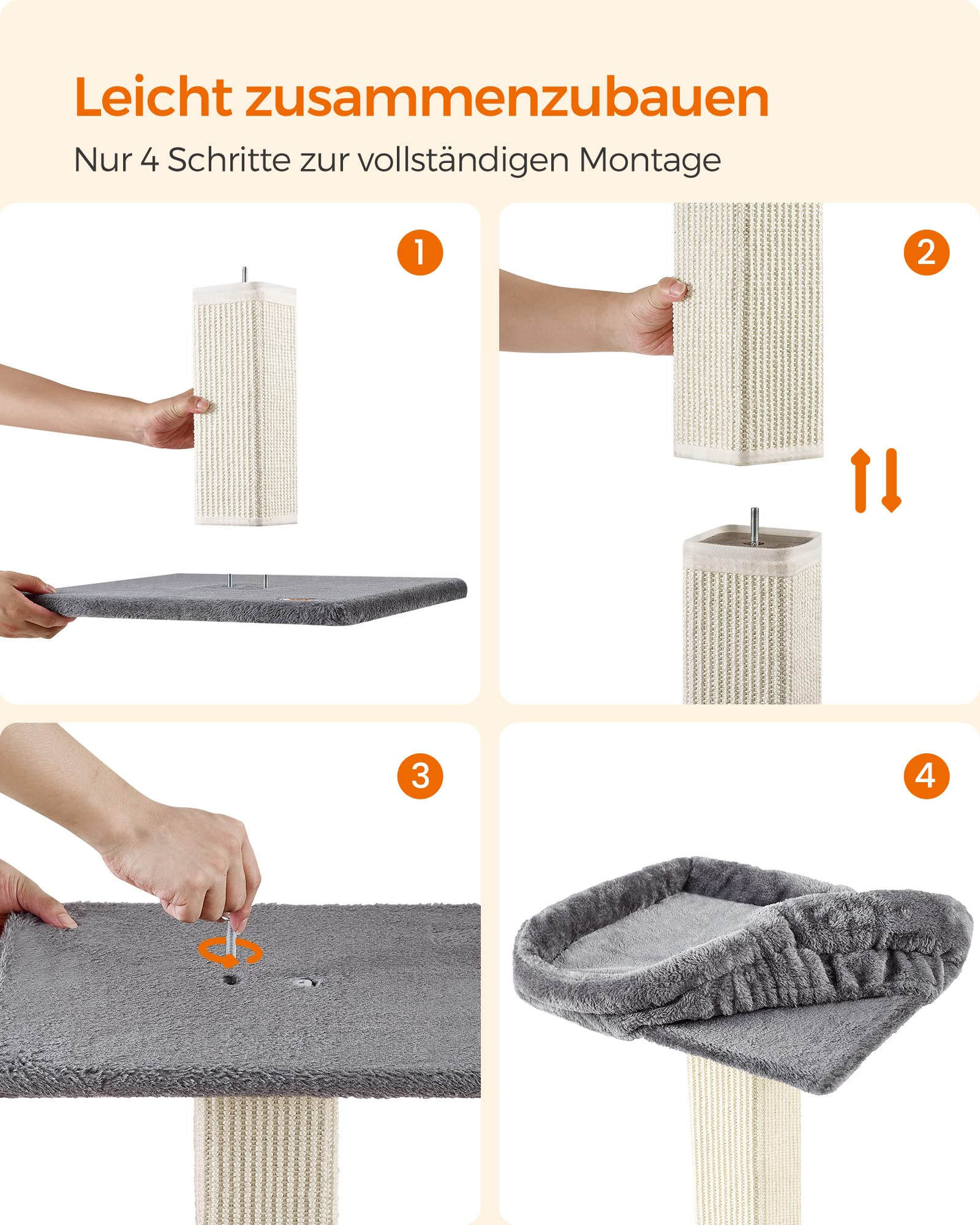 Quatre étapes montrent l'assemblage facile d'un arbre à chat avec des poteaux en sisal et de la peluche grise.