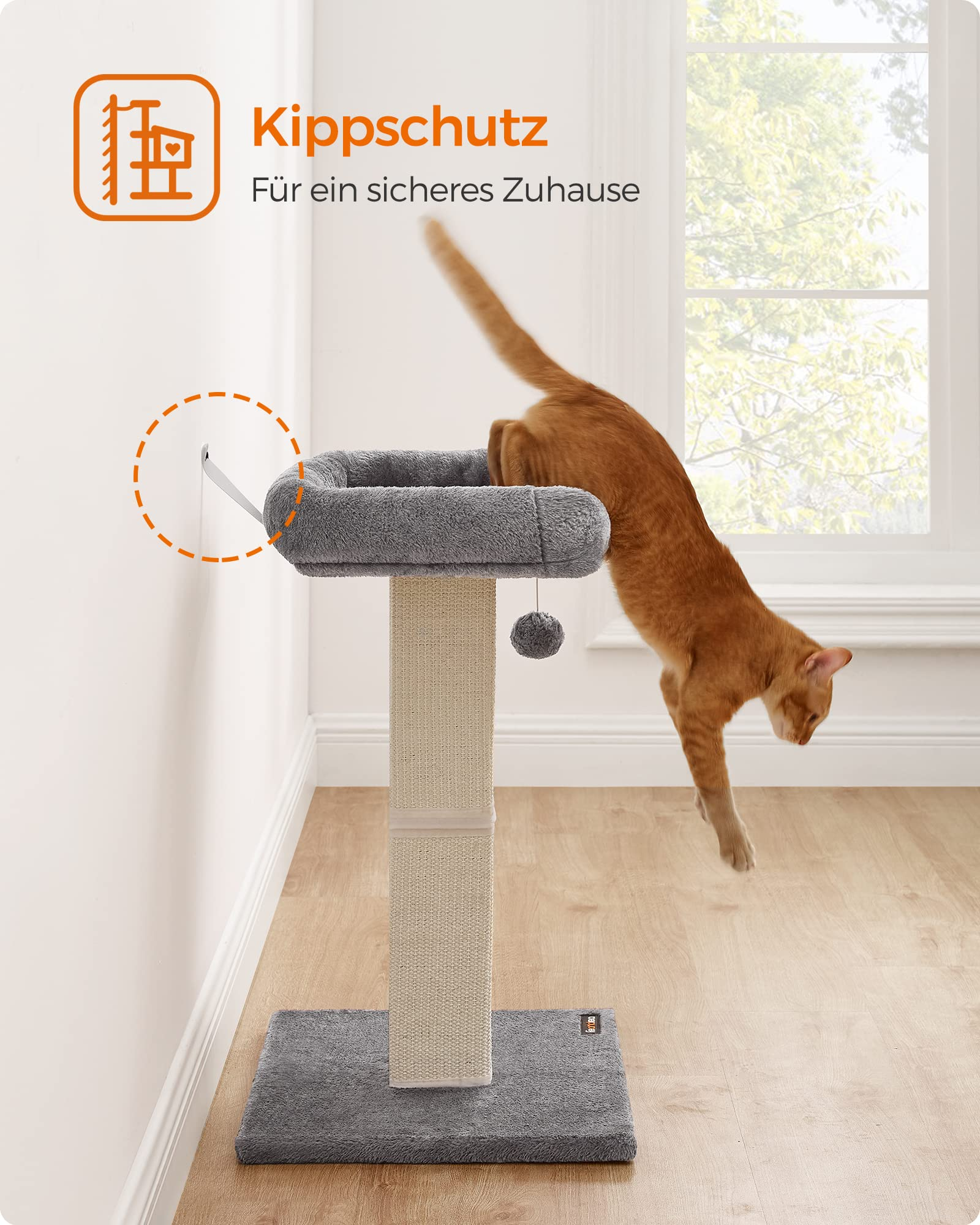 Un chat roux saute d'un arbre à chat gris fixé au mur par une sangle de sécurité.