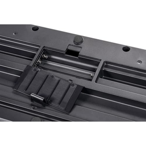 Parte inferiore di un dispositivo nero con vano batteria aperto e contatti a molla visibili.