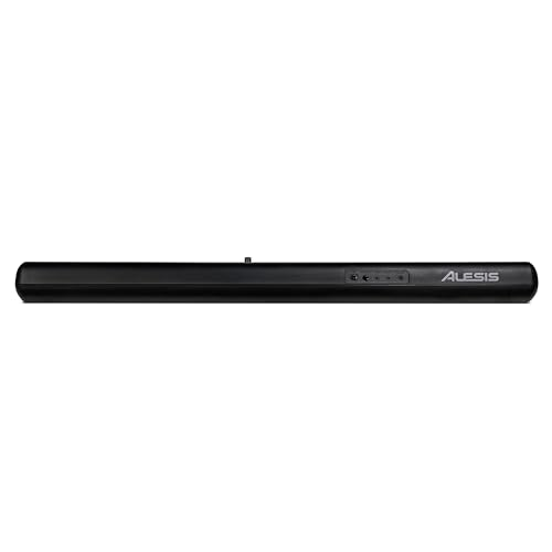 Eine schwarze Alesis Soundbar mit Steuertasten und Anschlüssen auf weißem Hintergrund.