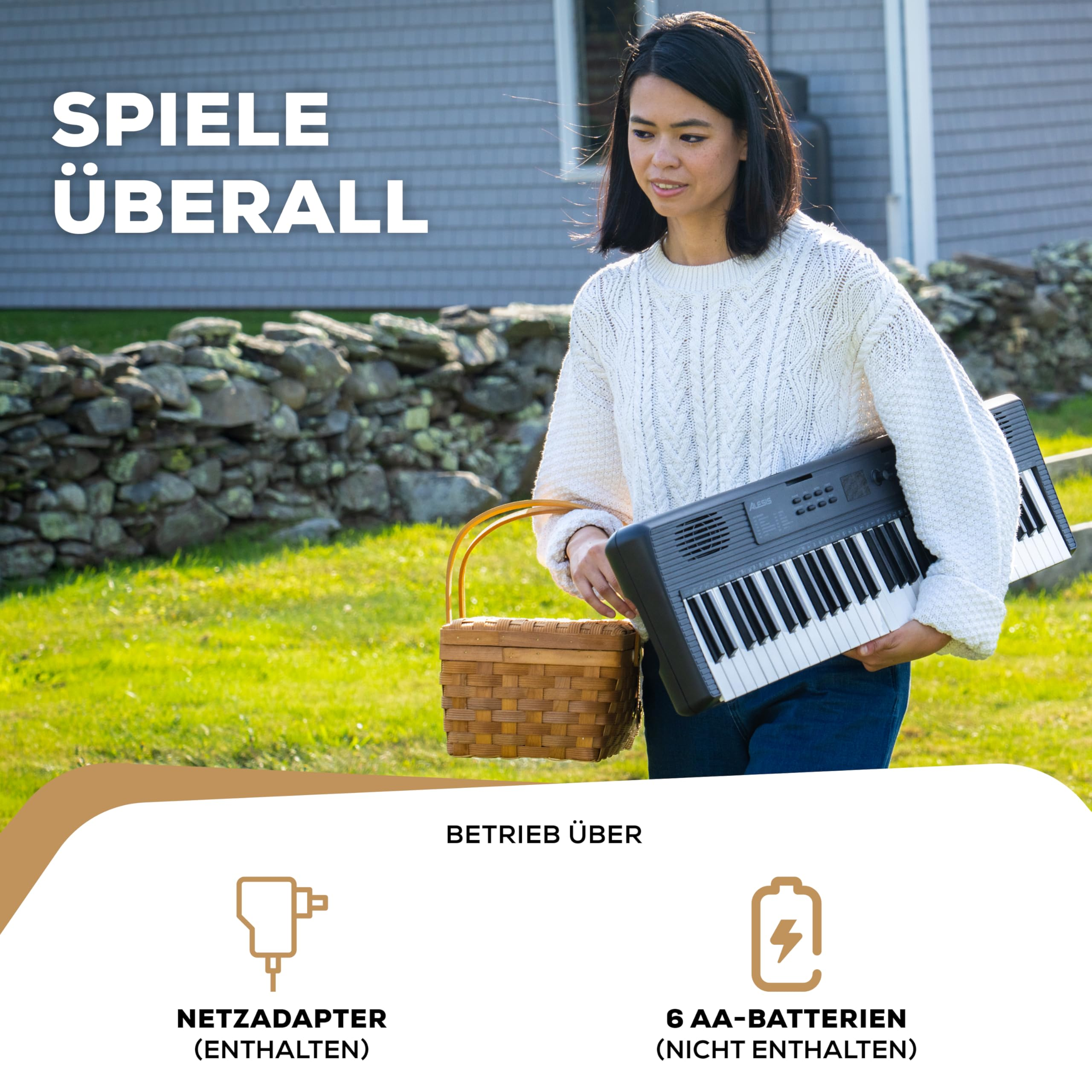 Eine Frau im weißen Pullover trägt draußen ein Keyboard und einen Korb, mit Text und Symbolen für Stromversorgung.