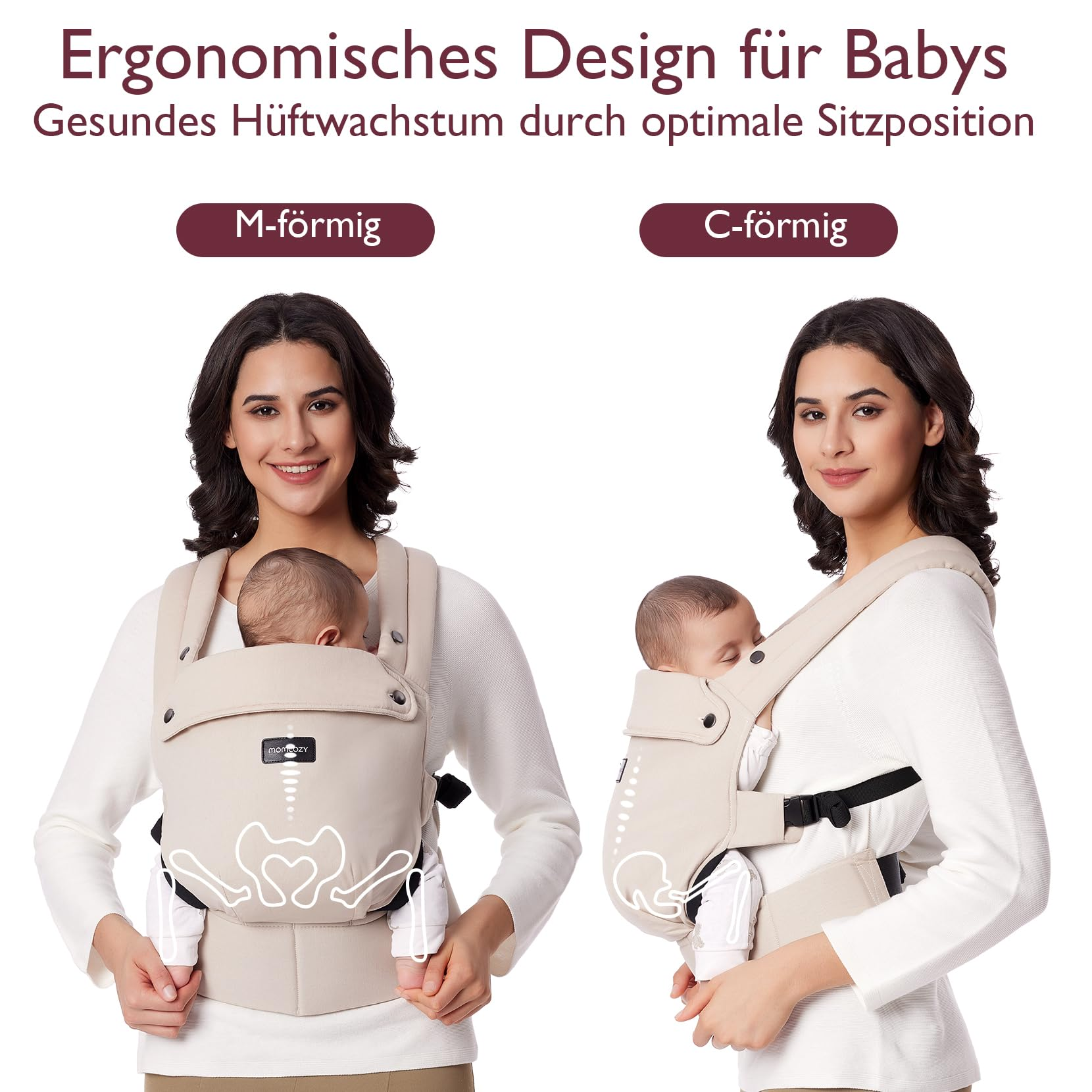 Frau trägt Baby in ergonomischer Trage mit M- und C-Form.