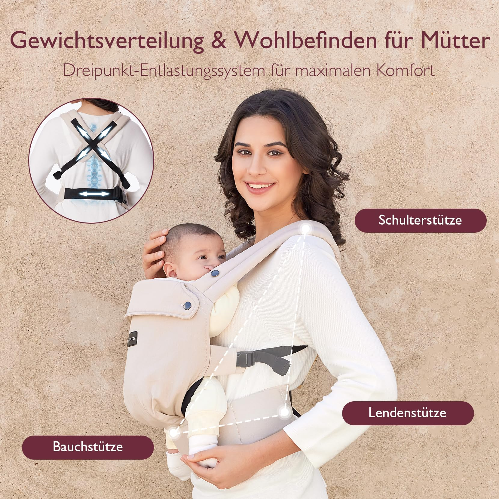 Eine Mutter trägt ihr Baby in einer ergonomischen, beigen Babytrage vor einem neutralen Hintergrund.