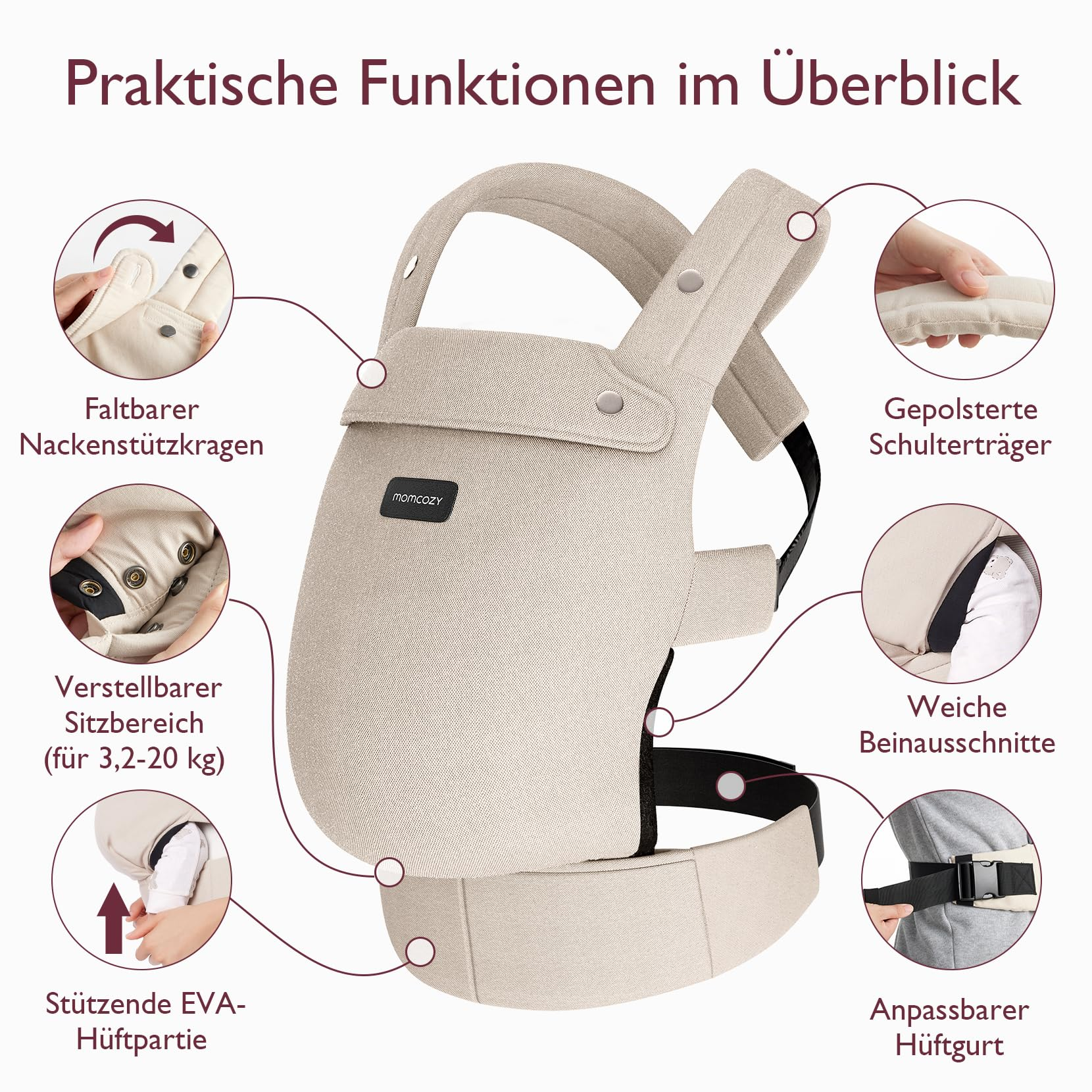 Eine beige Babytrage mit sechs Detailbildern, die Funktionen wie verstellbaren Sitz und gepolsterte Träger zeigen.