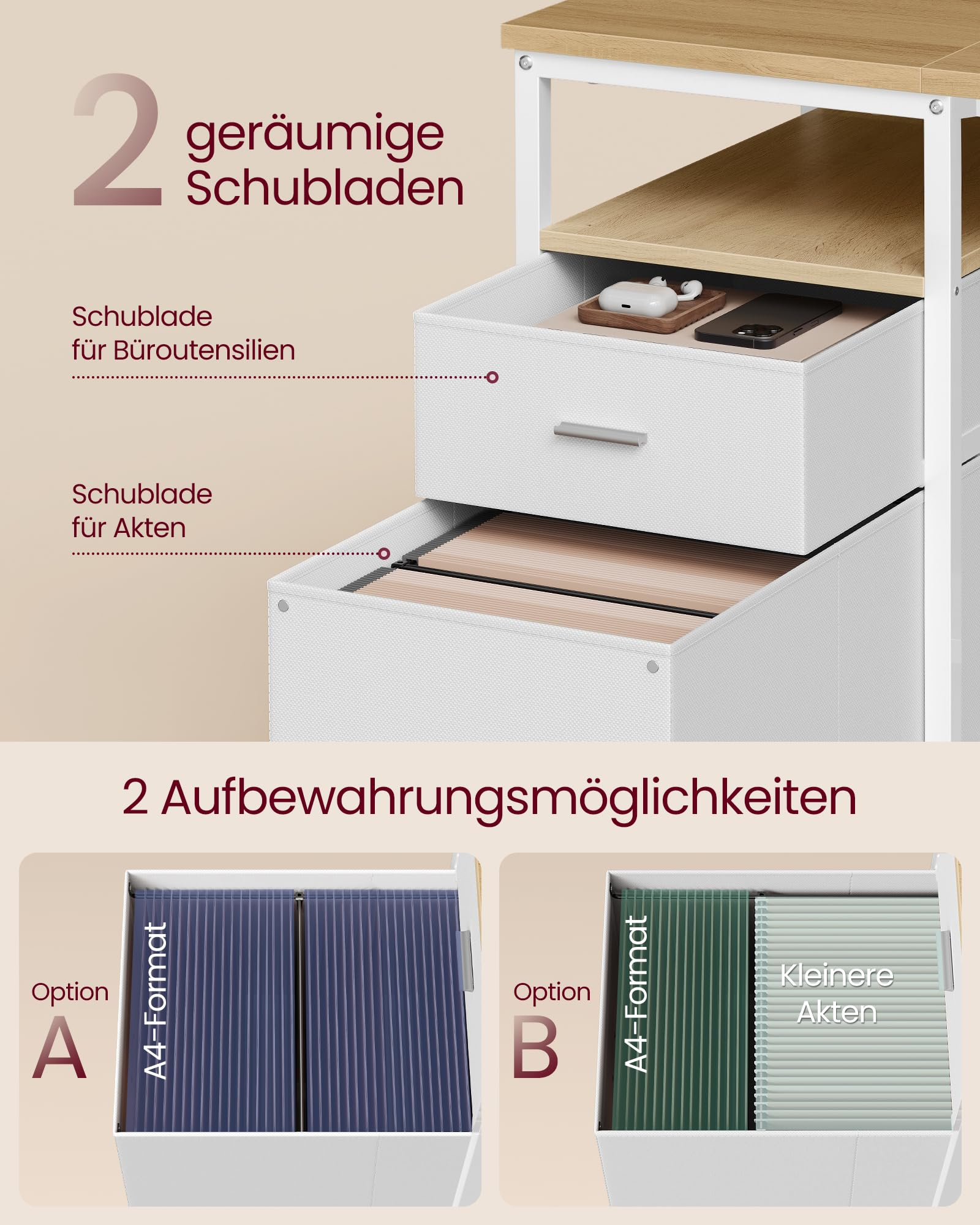 Ein weißer Rollcontainer mit Holzakzenten zeigt zwei geräumige Schubladen für Bürobedarf und Akten.