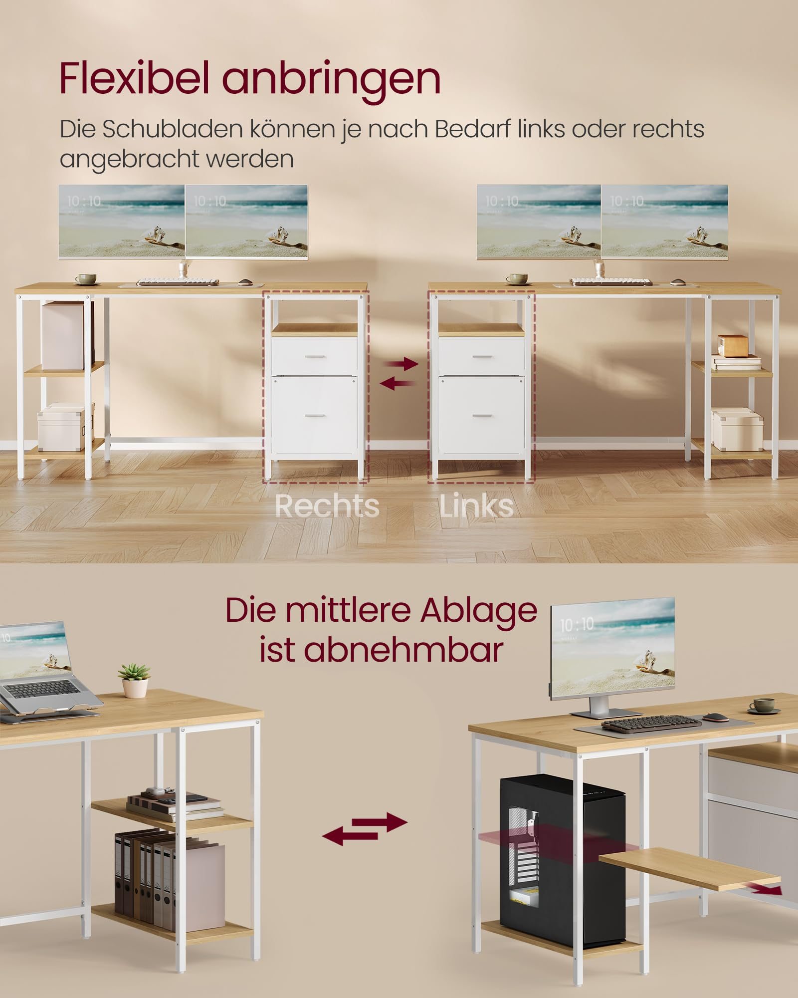 Ein Schreibtisch mit flexiblen Schubladen und abnehmbarer Ablage auf beigem Hintergrund.