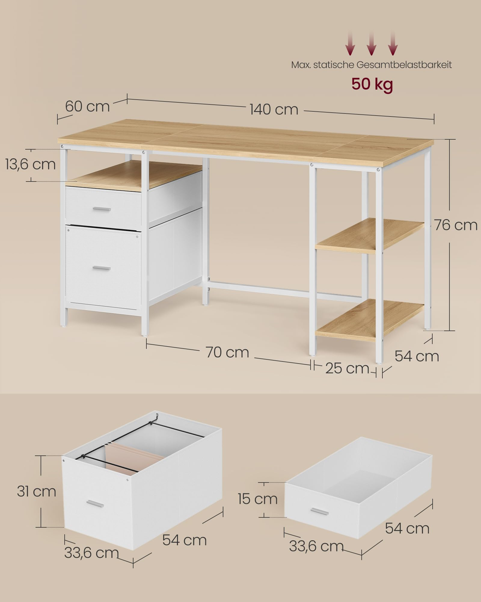 Holzfarbener Schreibtisch mit weißem Metallgestell, Schubladen und Maßen.