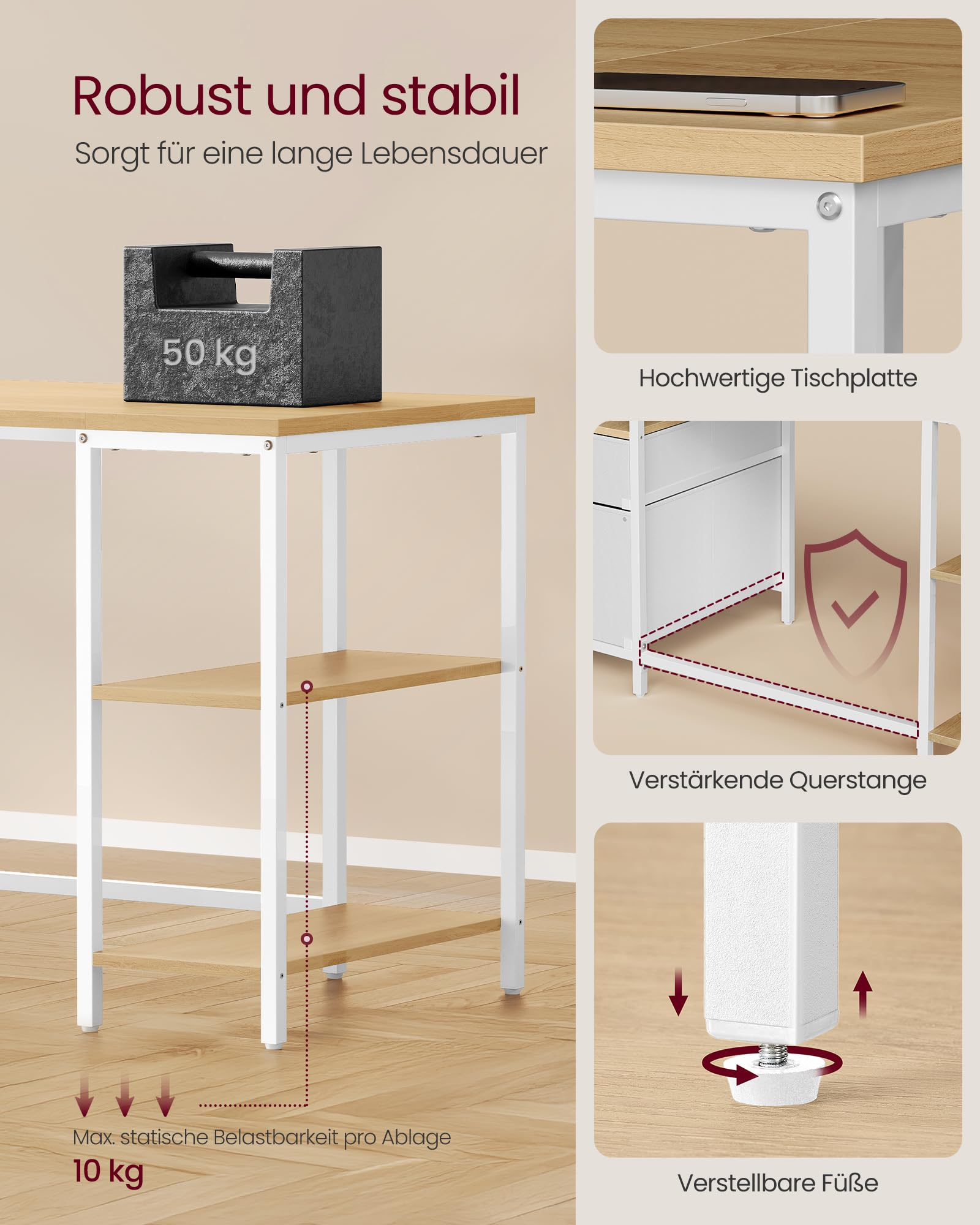 Ein stabiler Tisch mit Holplatte, weißem Metallgestell, 50kg Gewicht, Regalen und verstellbaren Füßen.