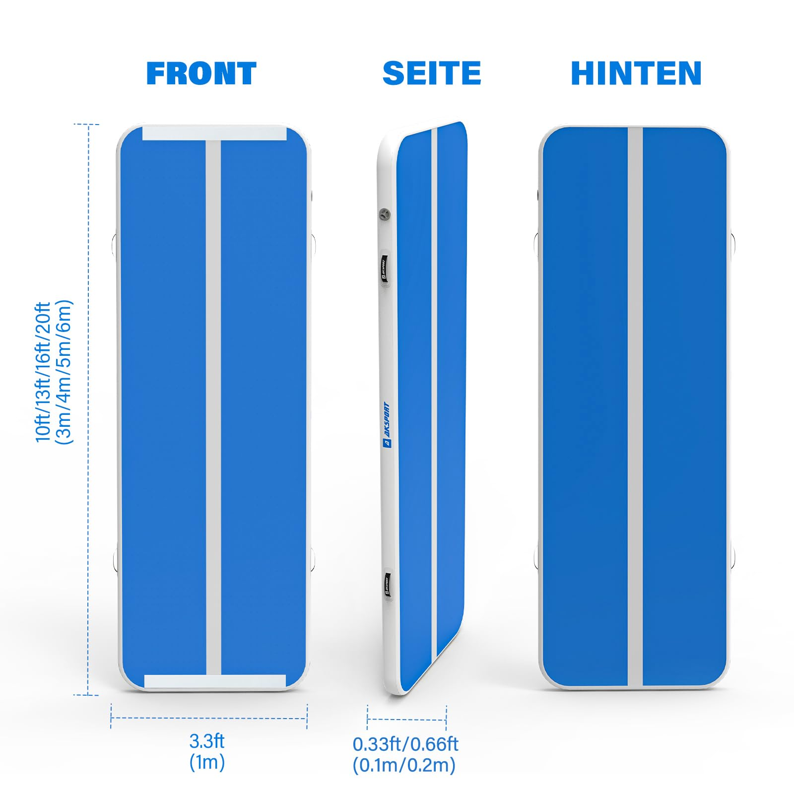 Diagramm einer blauen Gymnastikmatte mit Maßen für Vorder-, Seiten- und Rückansicht.