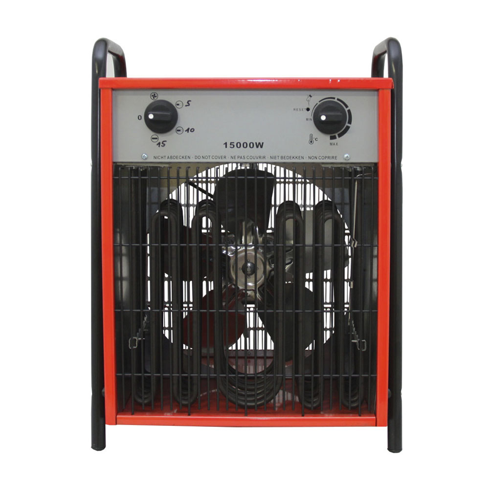 Un termoventilatore industriale rosso da 15000W con griglia protettiva nera.