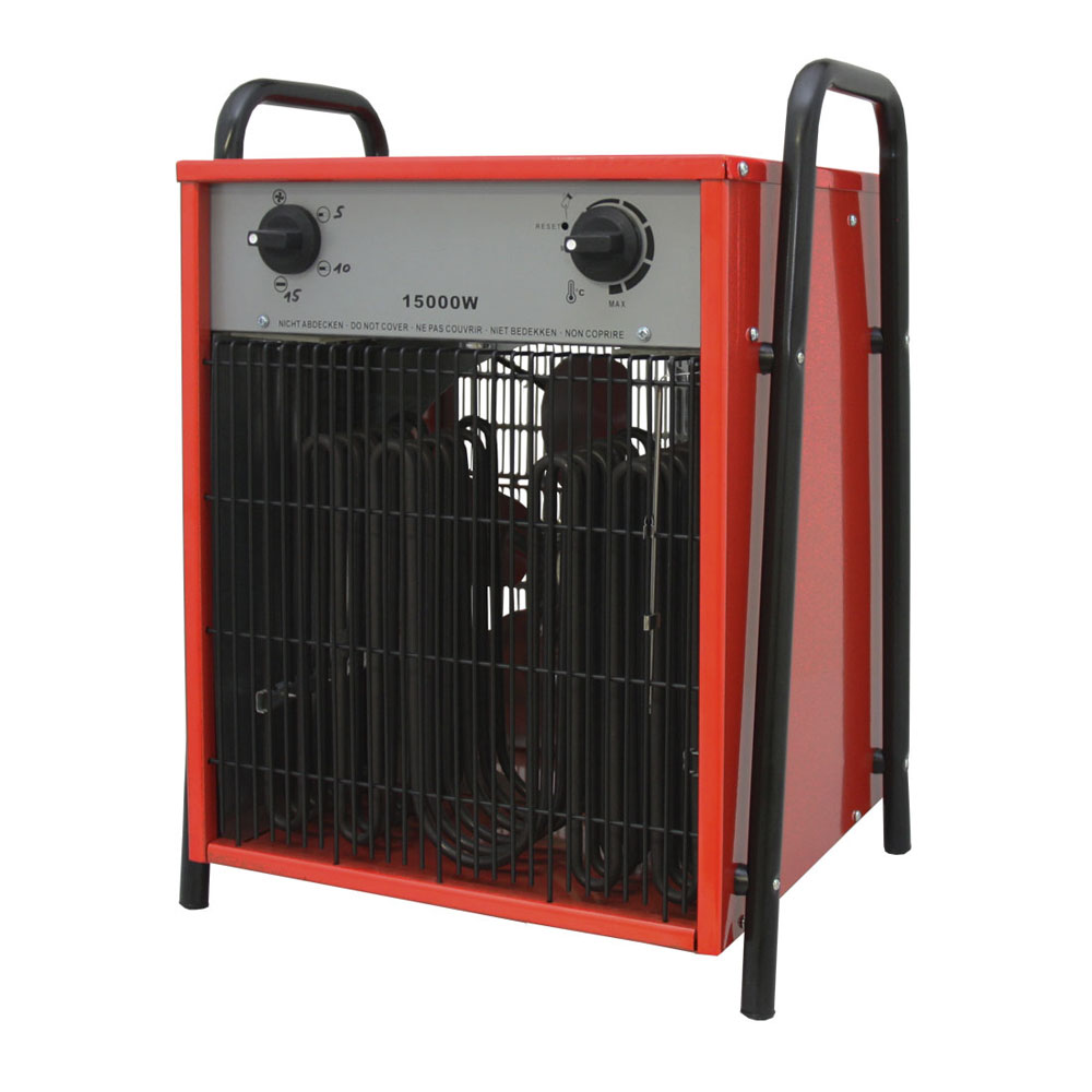 Riscaldatore industriale rosso portatile da 15000W con griglia metallica nera e manopole sul pannello frontale.