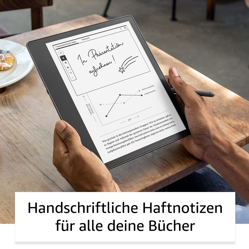 Une personne tient une liseuse affichant des notes manuscrites et un graphique sur une table.