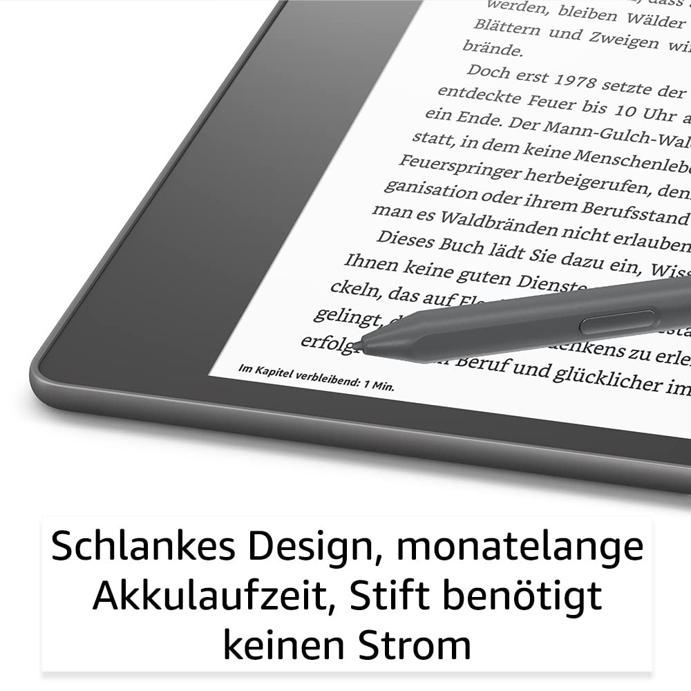Une liseuse affichant du texte avec un stylet posé dessus.
