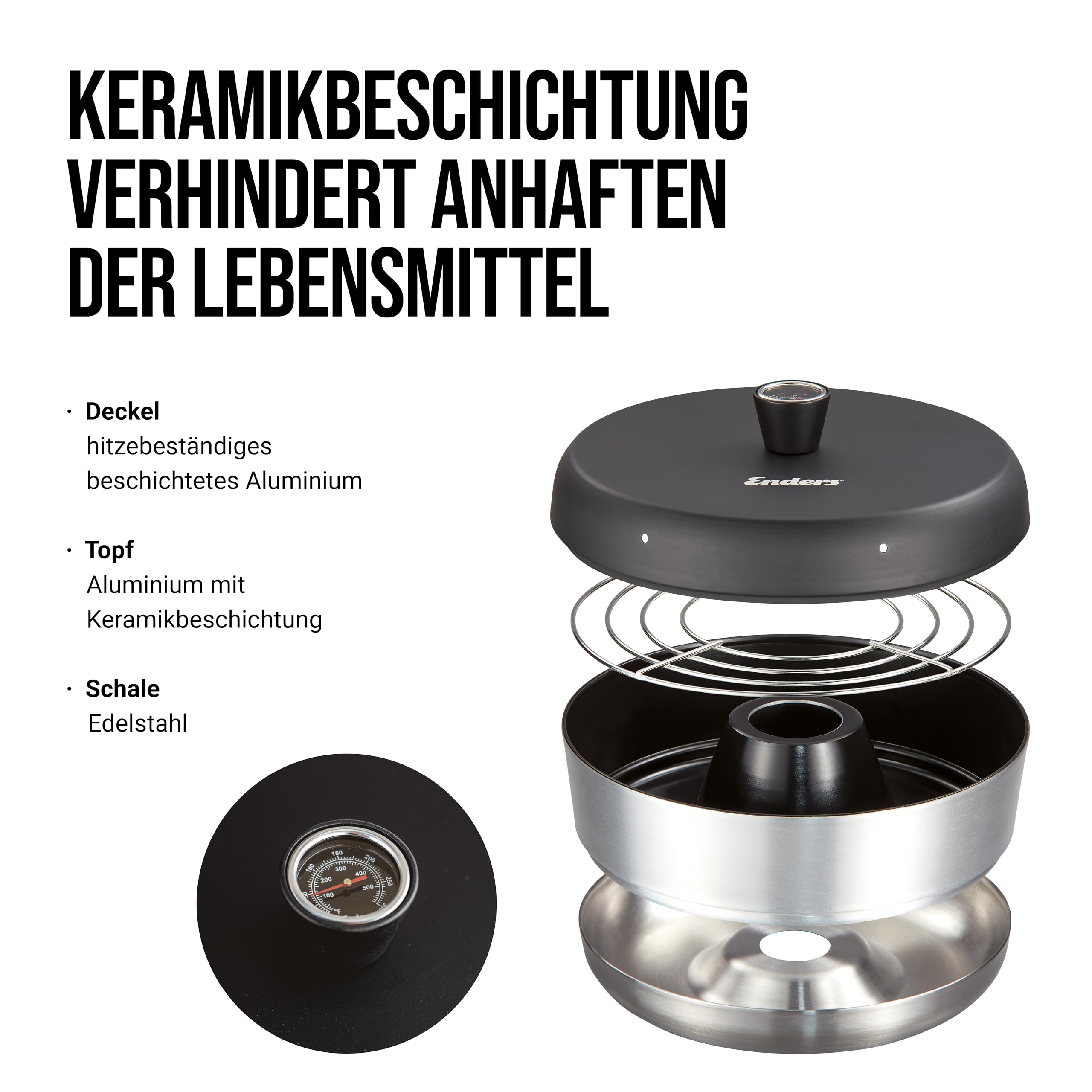 Vue éclatée d'un gril Enders avec revêtement en céramique, couvercle, grille, pot et thermomètre intégré.