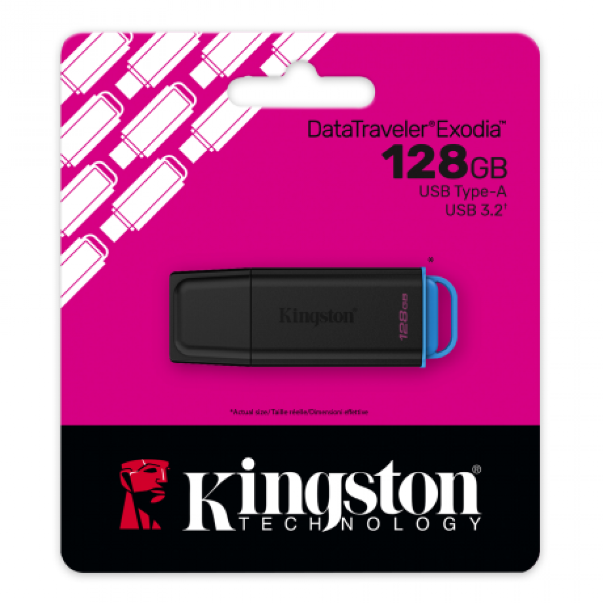 Pembe ve siyah renklerde Kingston DataTraveler Exodia 128GB USB bellek ambalajı.