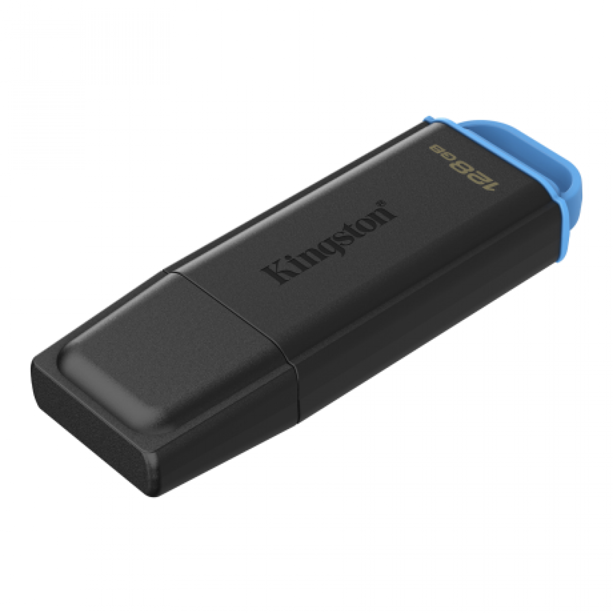 Beyaz arka planda mavi detaylara sahip siyah bir Kingston 128GB USB bellek.