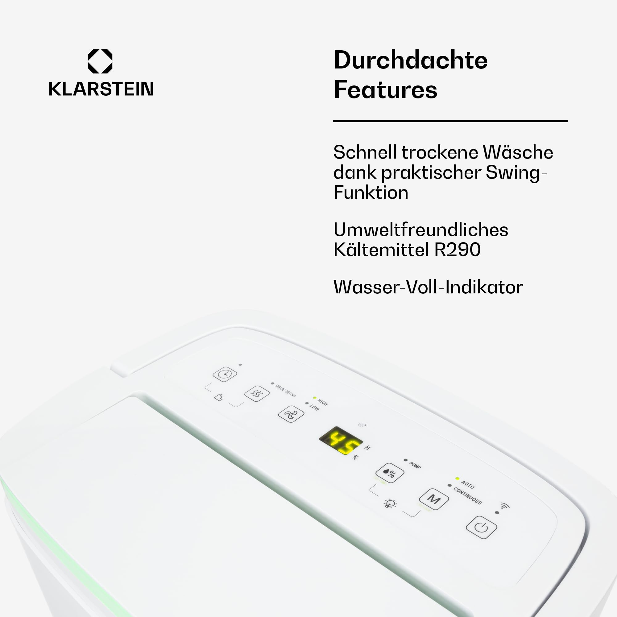 Vue de dessus du panneau de commande d'un déshumidificateur Klarstein blanc avec écran numérique et texte en allemand.