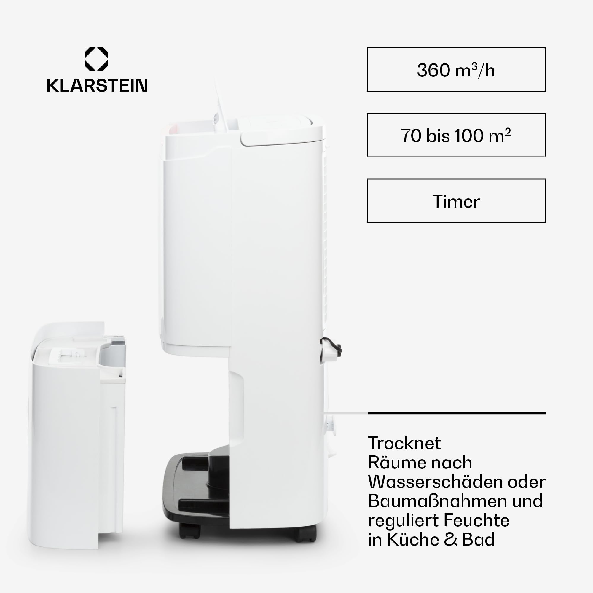 Déshumidificateur blanc Klarstein avec réservoir d'eau détaché et blocs de texte avec caractéristiques.