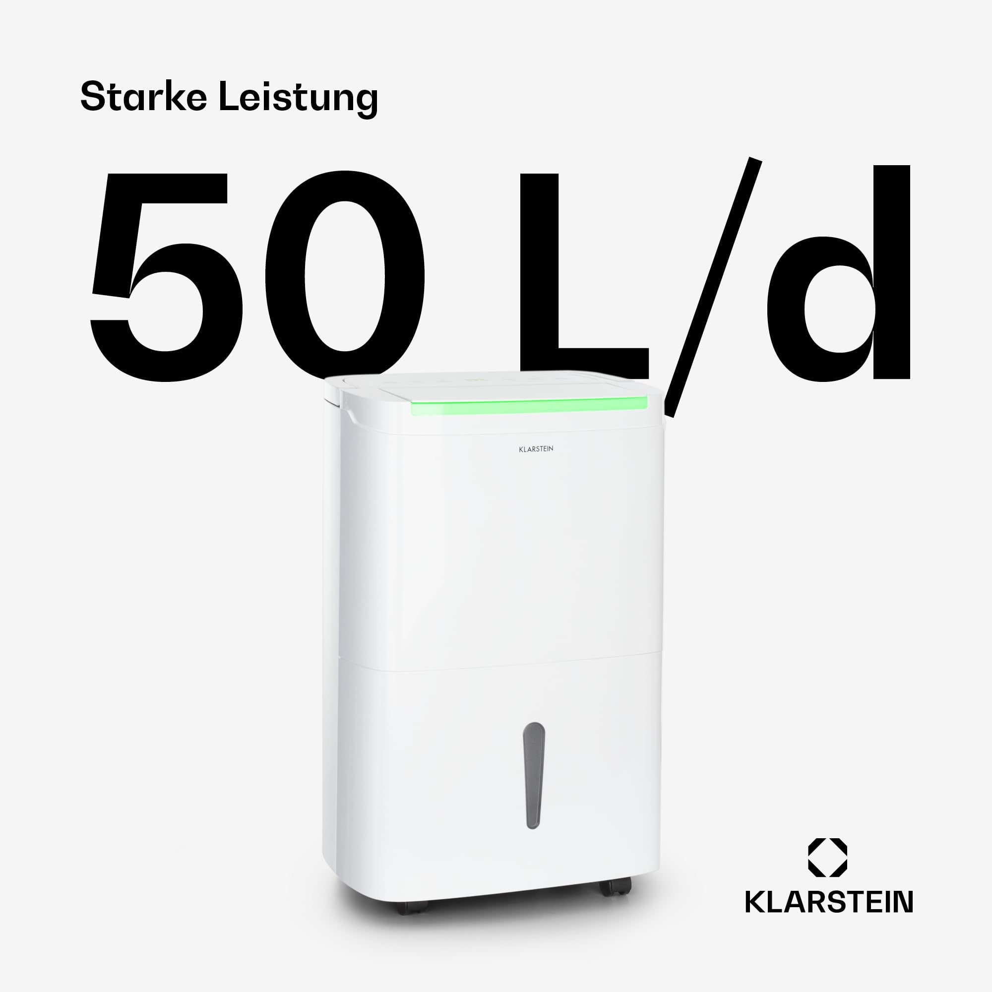 Déshumidificateur blanc Klarstein avec voyant vert et texte 50 L/d.