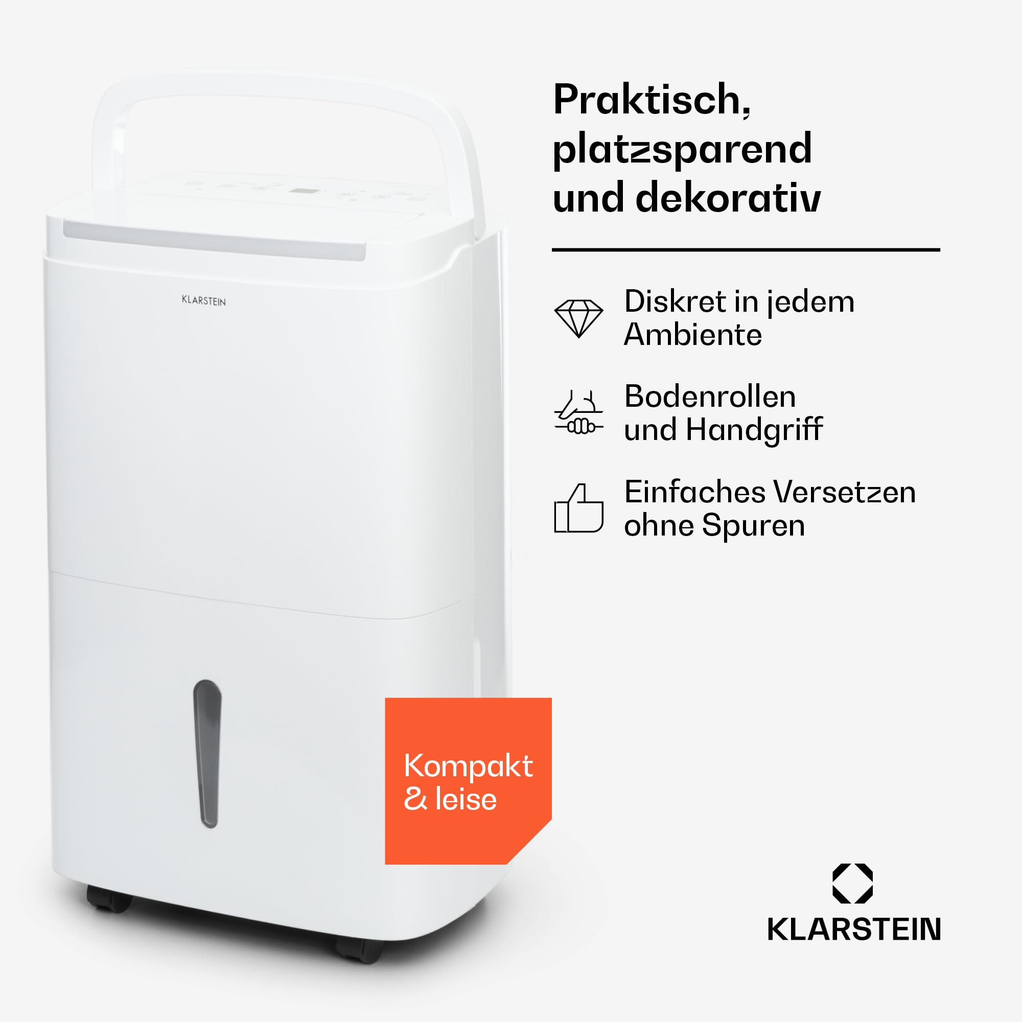 Déshumidificateur Klarstein blanc avec poignée, fenêtre de niveau d'eau et texte allemand avec icônes.