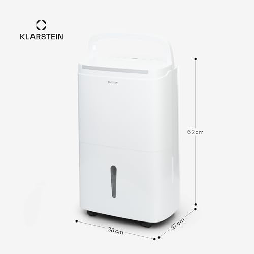 Déshumidificateur Klarstein blanc aux dimensions de 62 cm de hauteur, 38 cm de largeur et 27 cm de profondeur sur fond blanc.