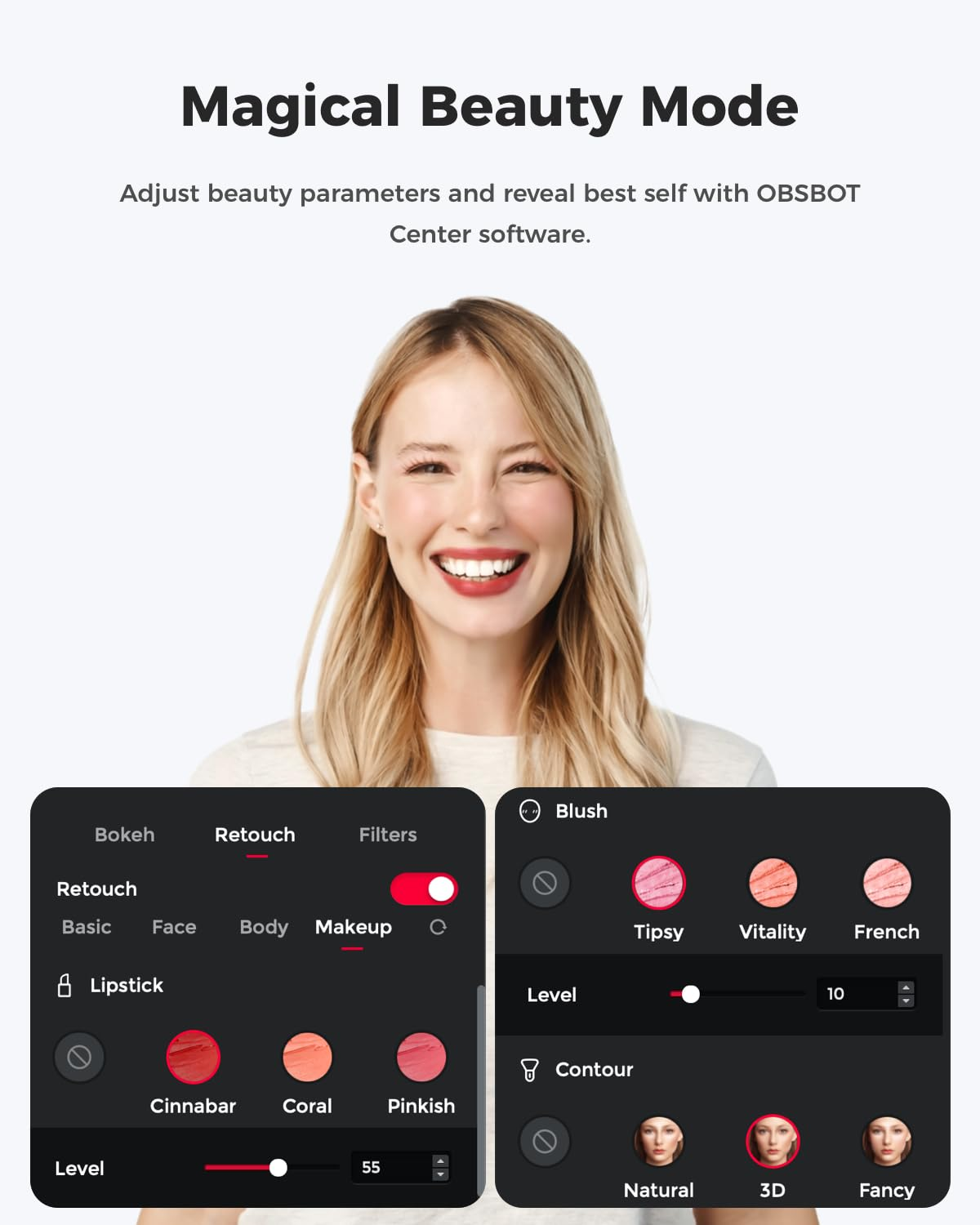 Donna bionda sorridente con menu software OBSBOT che mostrano filtri di bellezza come rossetto, fard e contouring.