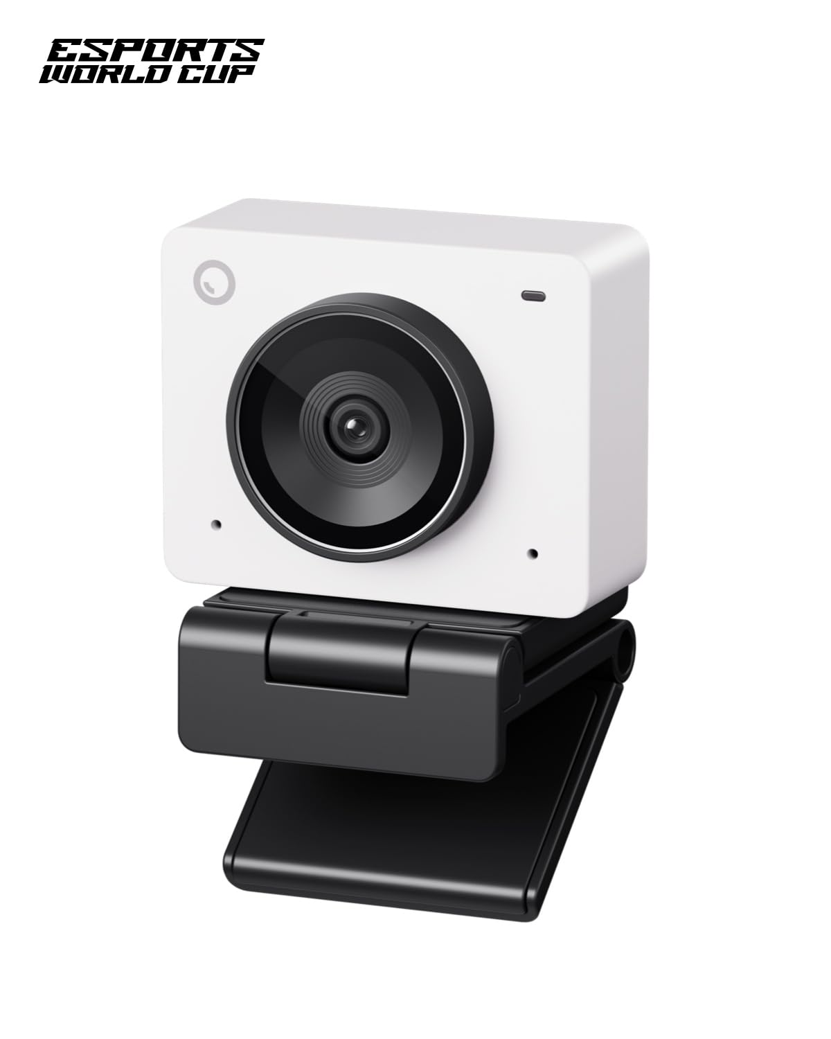 Una webcam bianca con un grande obiettivo nero è montata su un supporto nero.