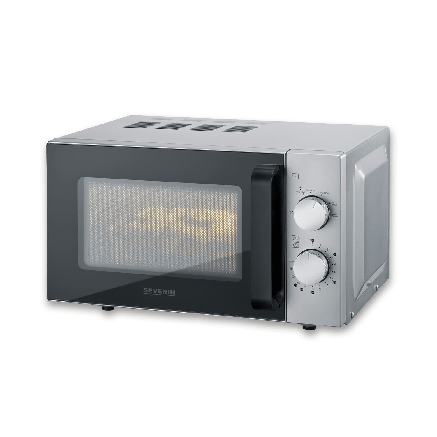 Un forno a microonde argentato Severin con porta nera e due manopole su sfondo nero.