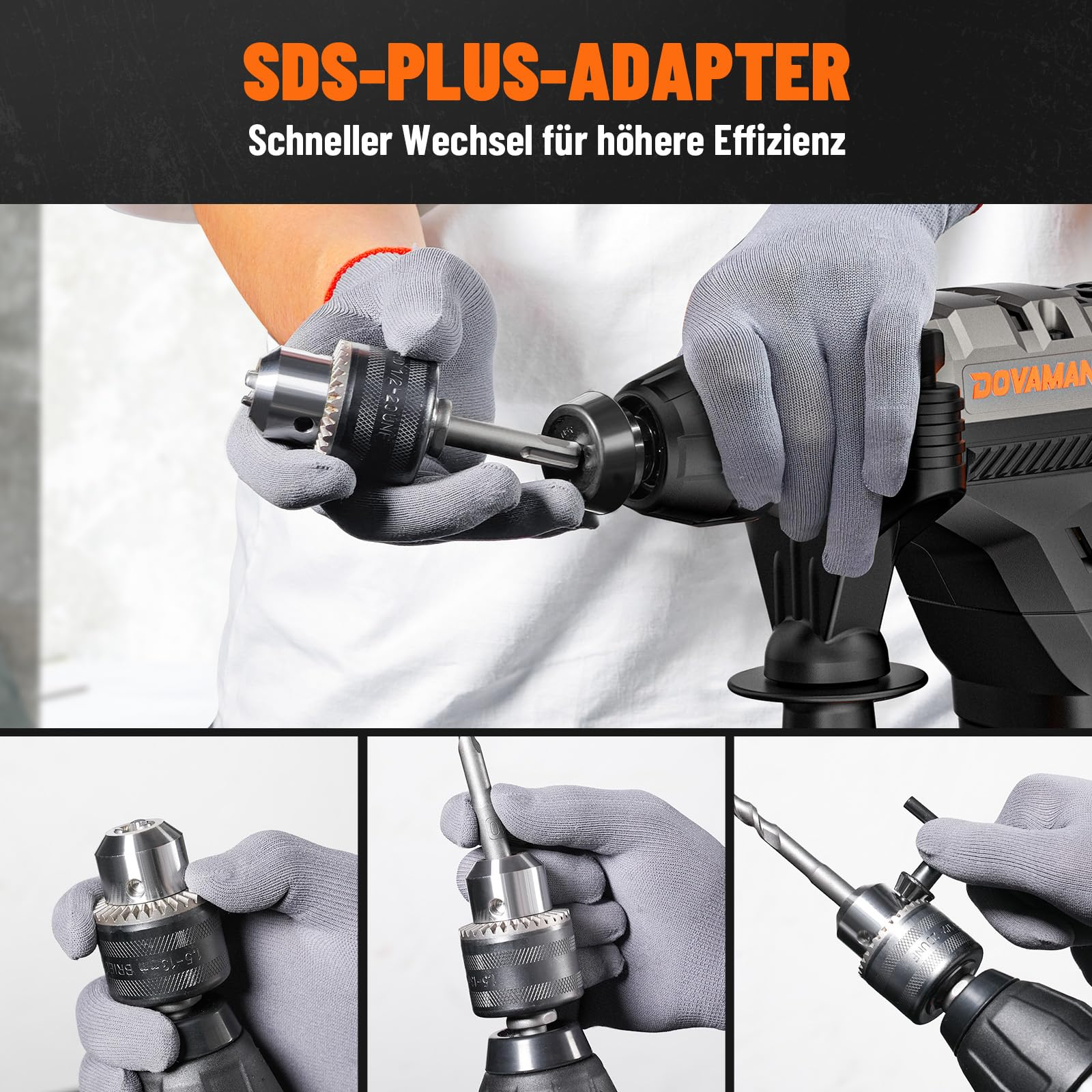 Glove-wearing hands attach an SDS-plus adapter to a power drill, shown with smaller operational details below.