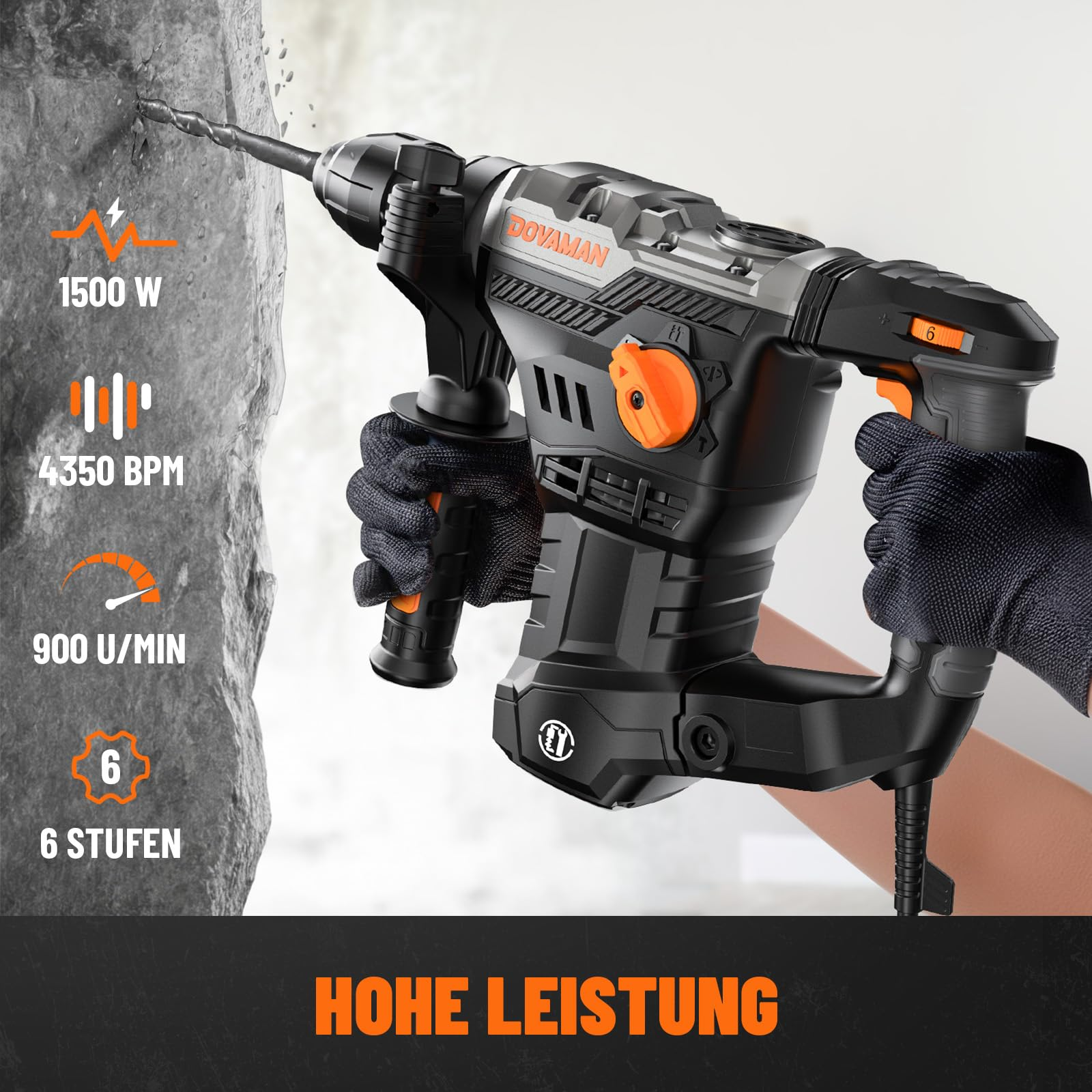 Ein Bohrhammer bohrt in Stein. Links zeigen technische Daten wie 1500W Leistung und 900 U/min an.