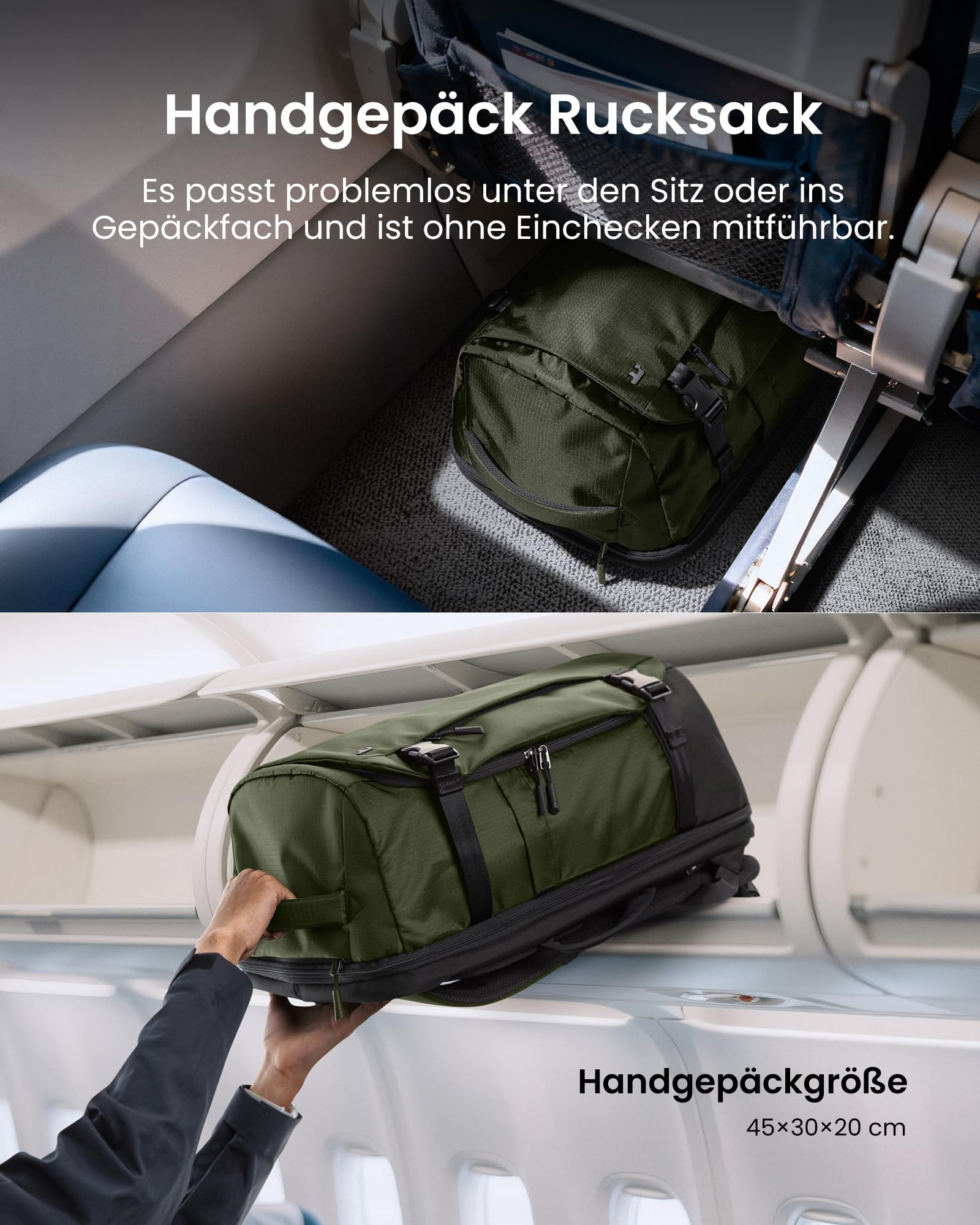 Grüner Rucksack als Handgepäck im Flugzeug unter dem Sitz und im Gepäckfach.