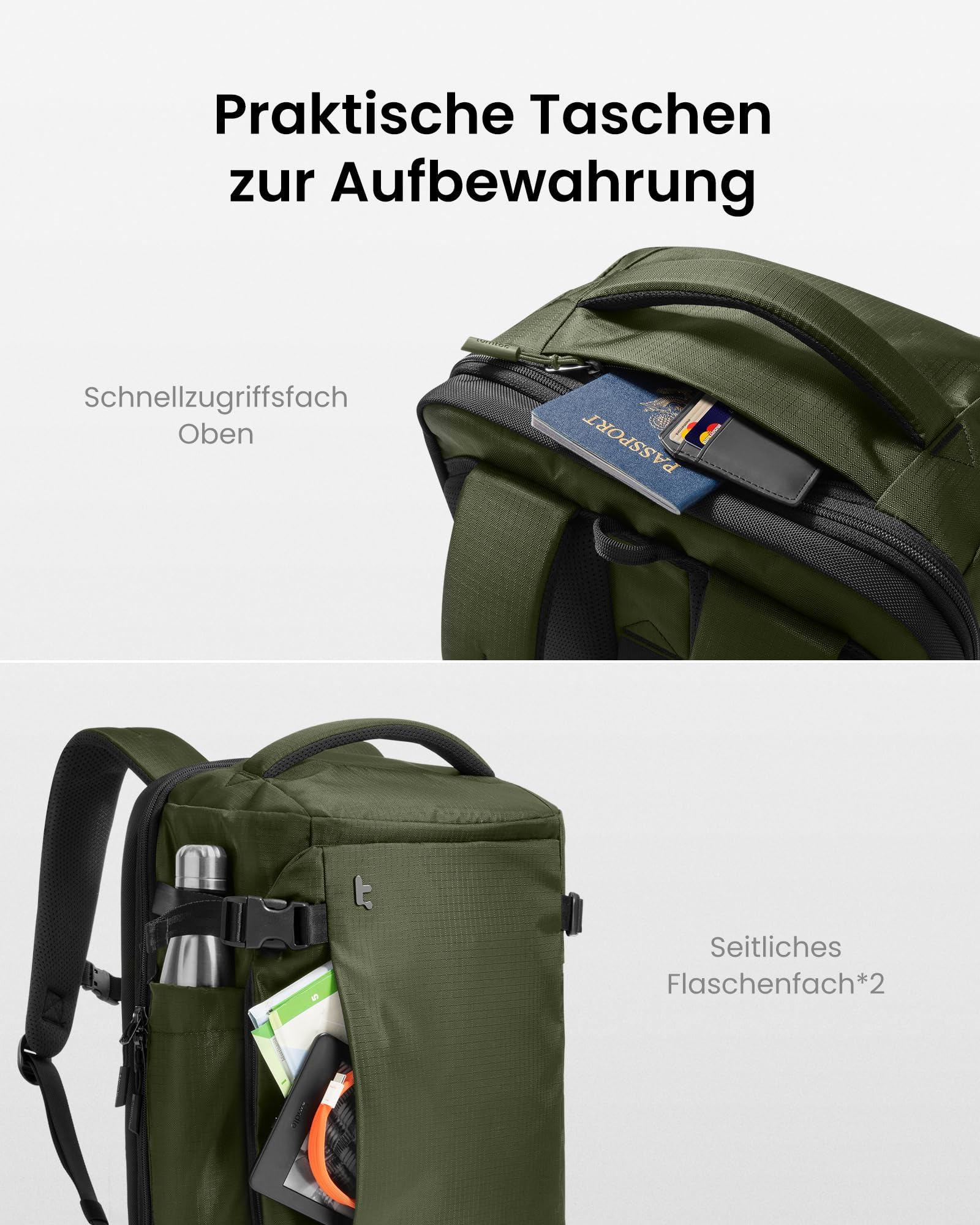 Grüner Rucksack mit praktischen Fächern, einem oberen Schnellzugriff und seitlichen Flaschenhaltern.